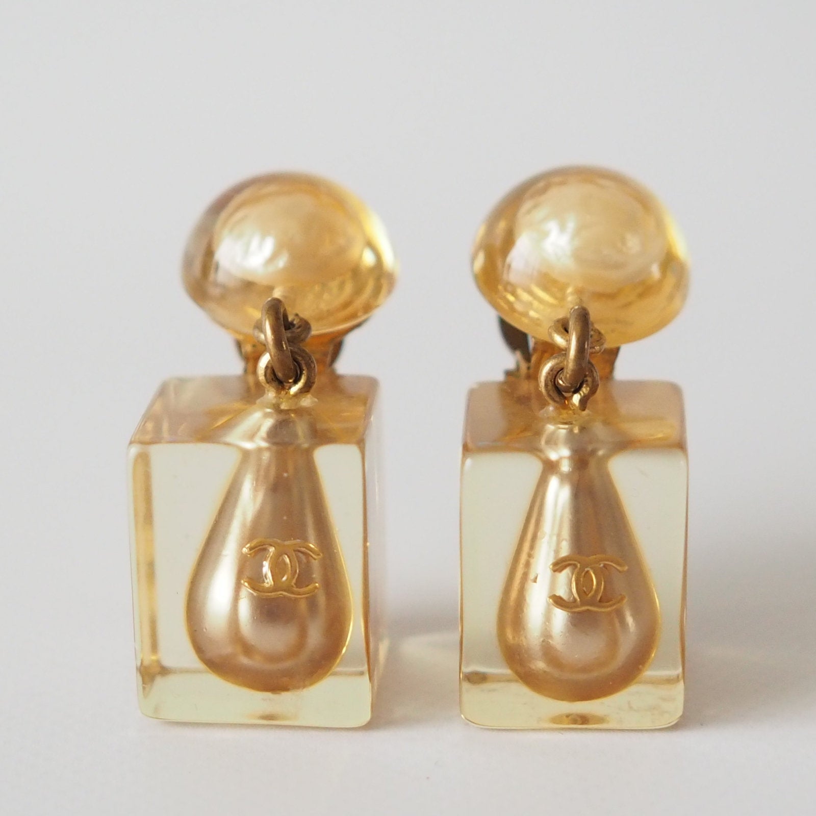 CHANEL Clear Drop Pearl Coco Mark Earrings Gold Authentic