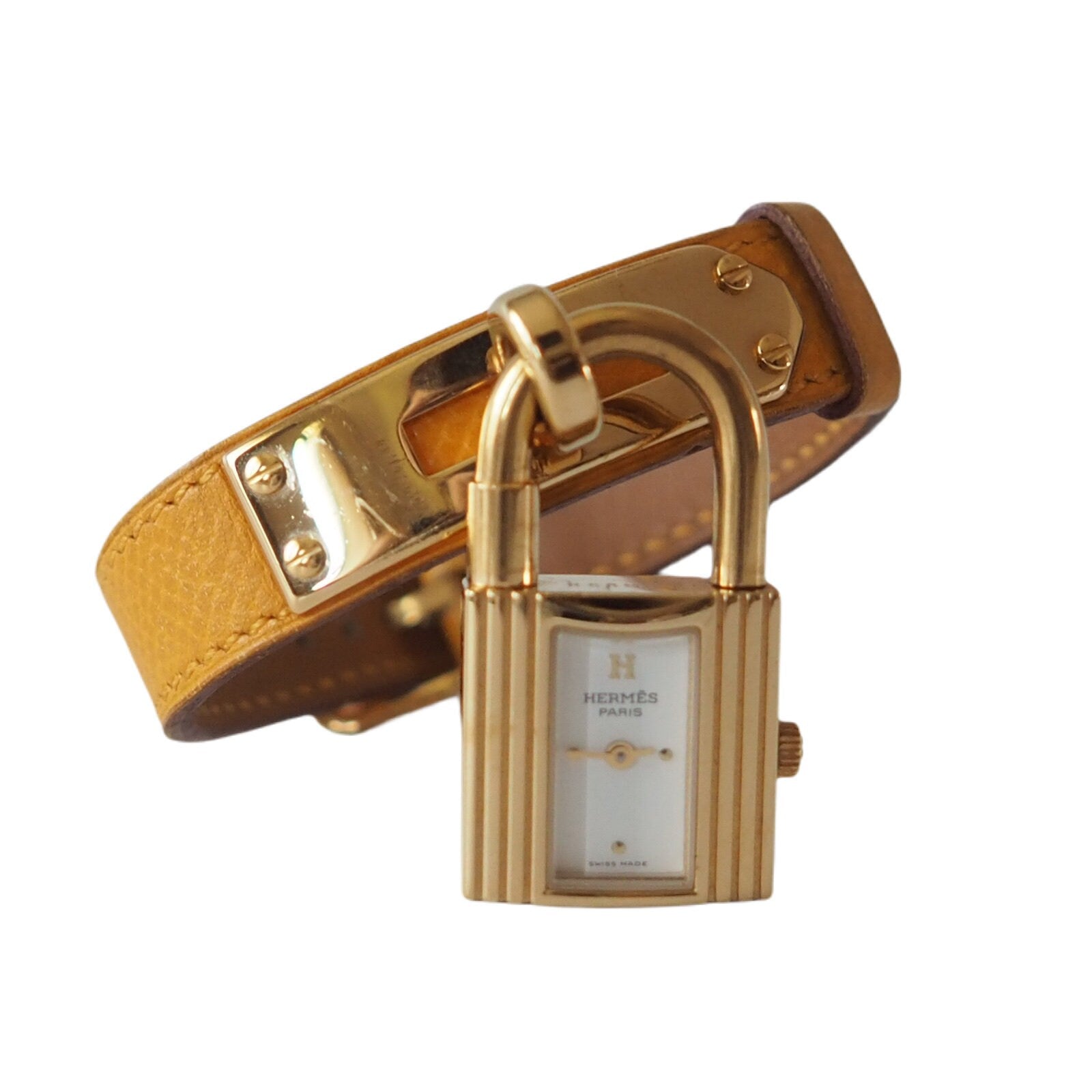 HERMES Kelly Watch Gold Plated Yellow Leather Quartz Ladies Watch Vintage