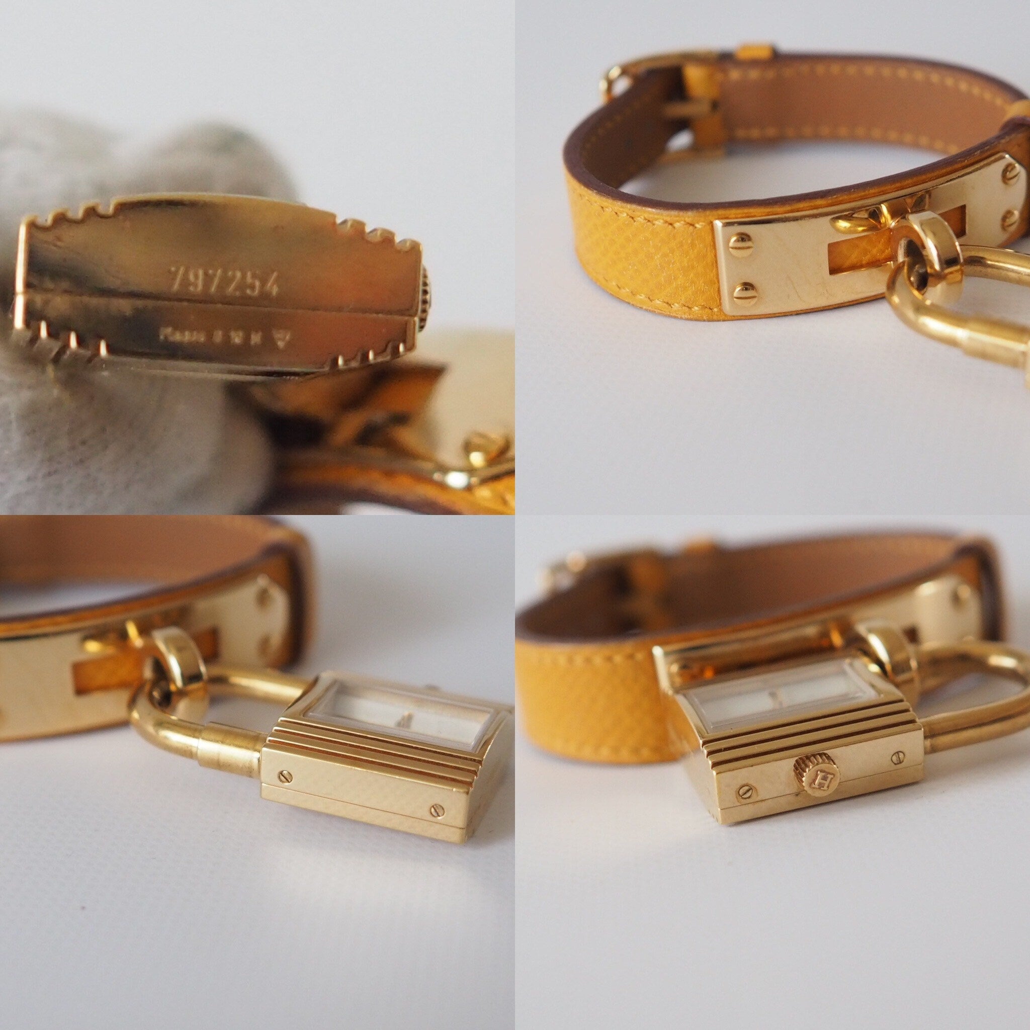 HERMES Kelly Watch Gold Plated Yellow Leather Quartz Ladies Watch Vintage