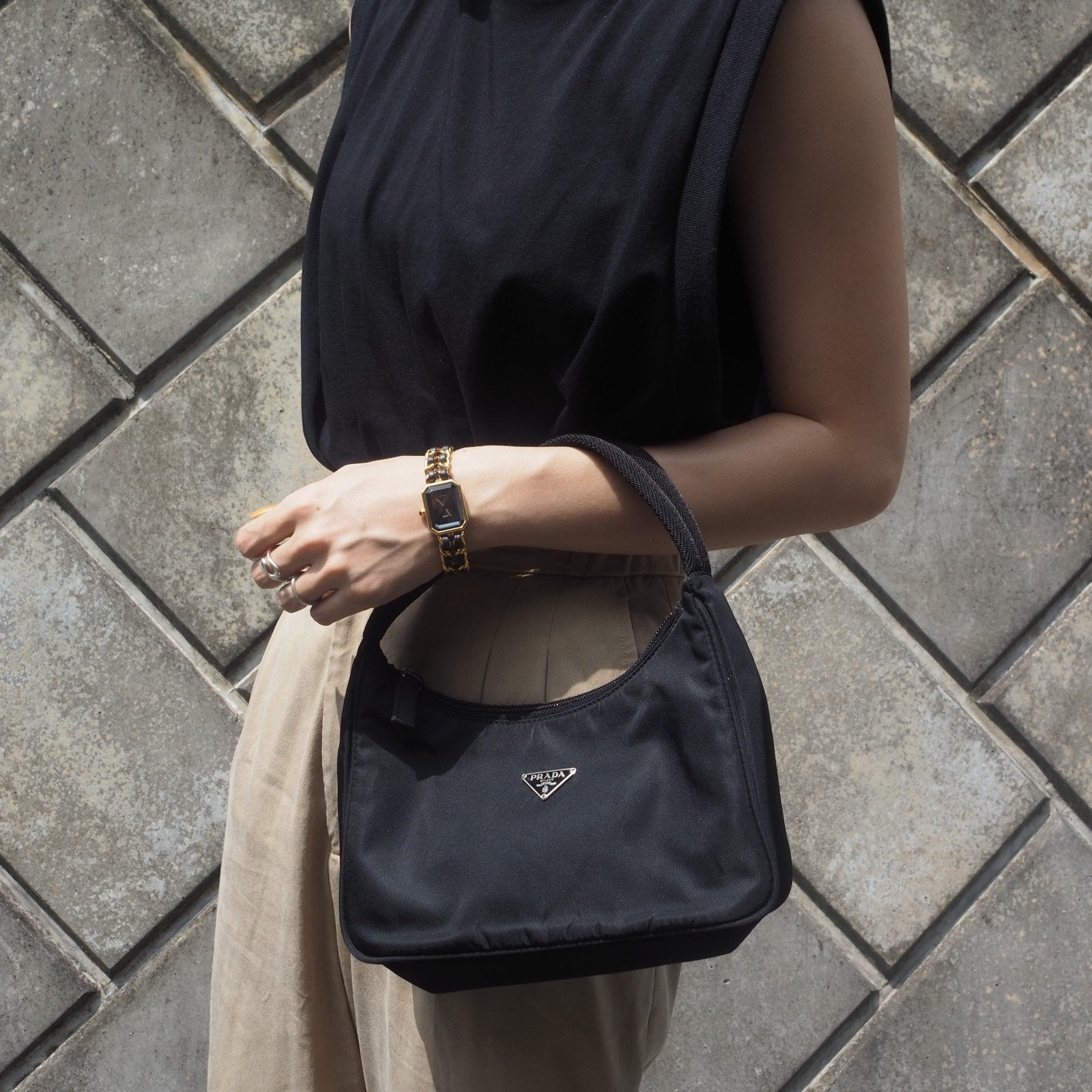 PRADA Nylon Hand Bag Black Logo Purse Authentic