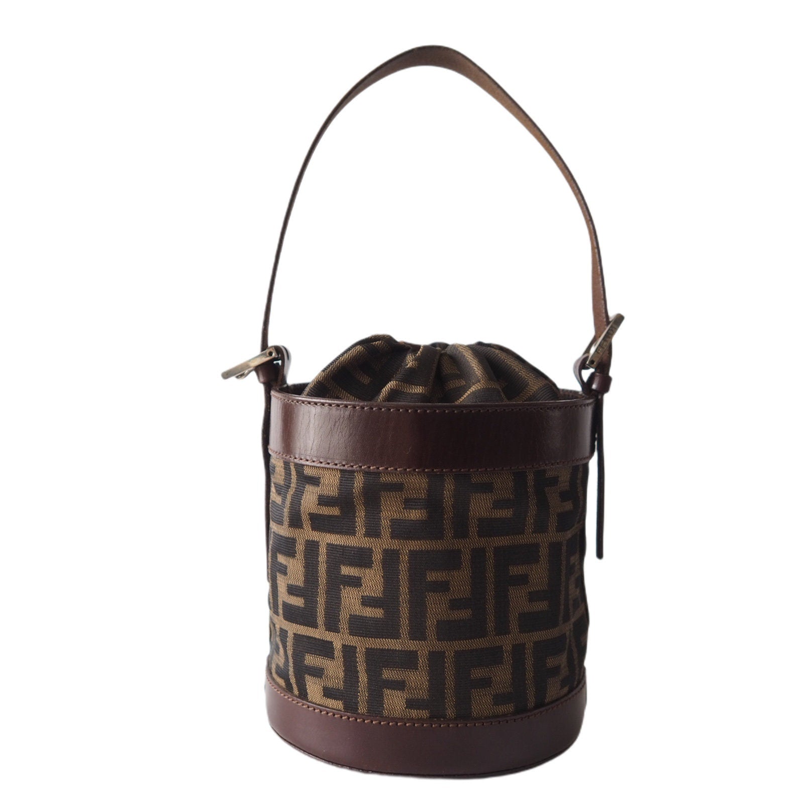 FENDI Zucca Hand Bag bucket Nylon Leather Brown Authentic