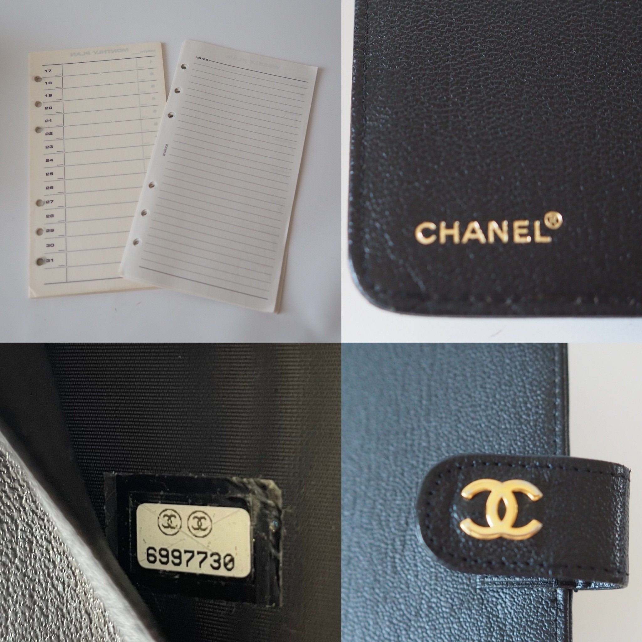 CHANEL CC Logo Caviar skin Leather 6 Ring Agenda  Diary Black Vintage