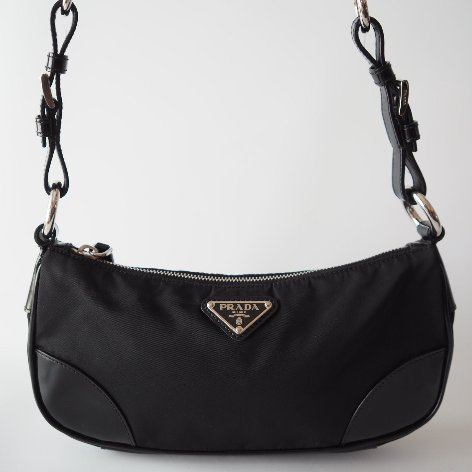 PRADA Nylon Patent Leather Shoulder Bag Accessory Pouch Black Logo Authentic