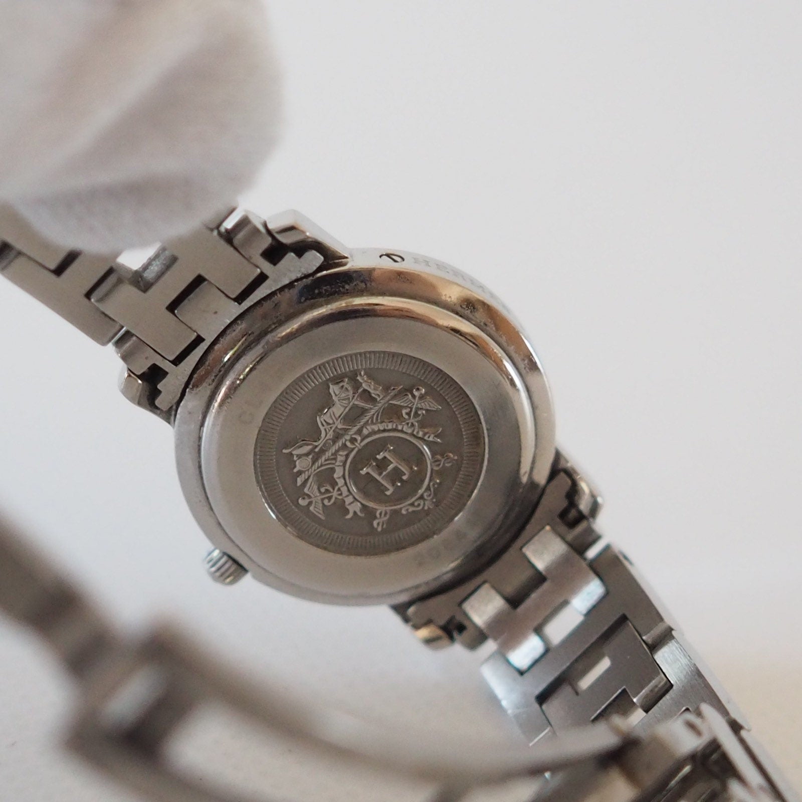 HERMES Watch Wristwatch Clipper CL4.210 Quartz White Shell Dial Ladies Steel Vintage
