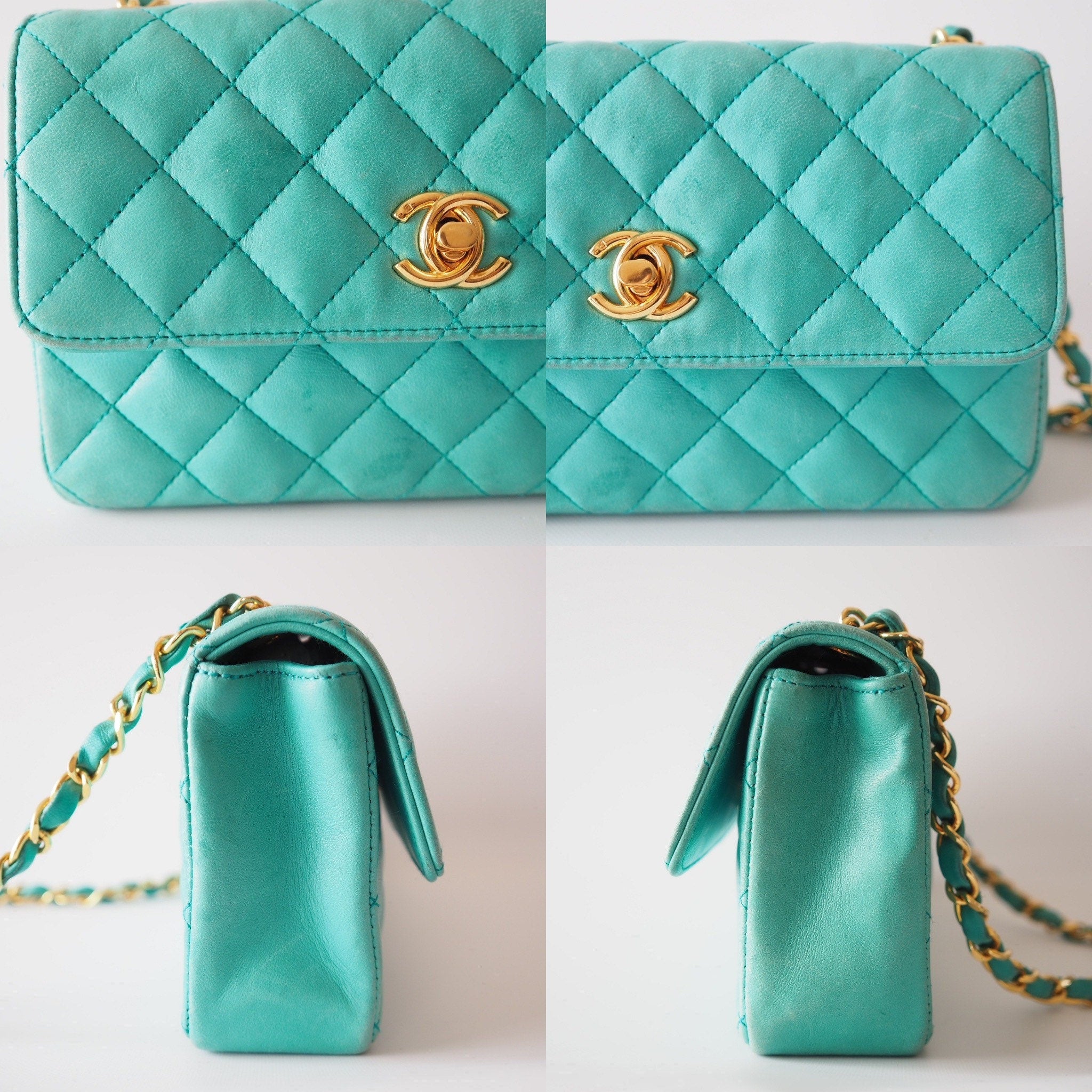 CHANEL CC Logo Chain Shoulder Bag Tiffany Blue Vintage Authentic