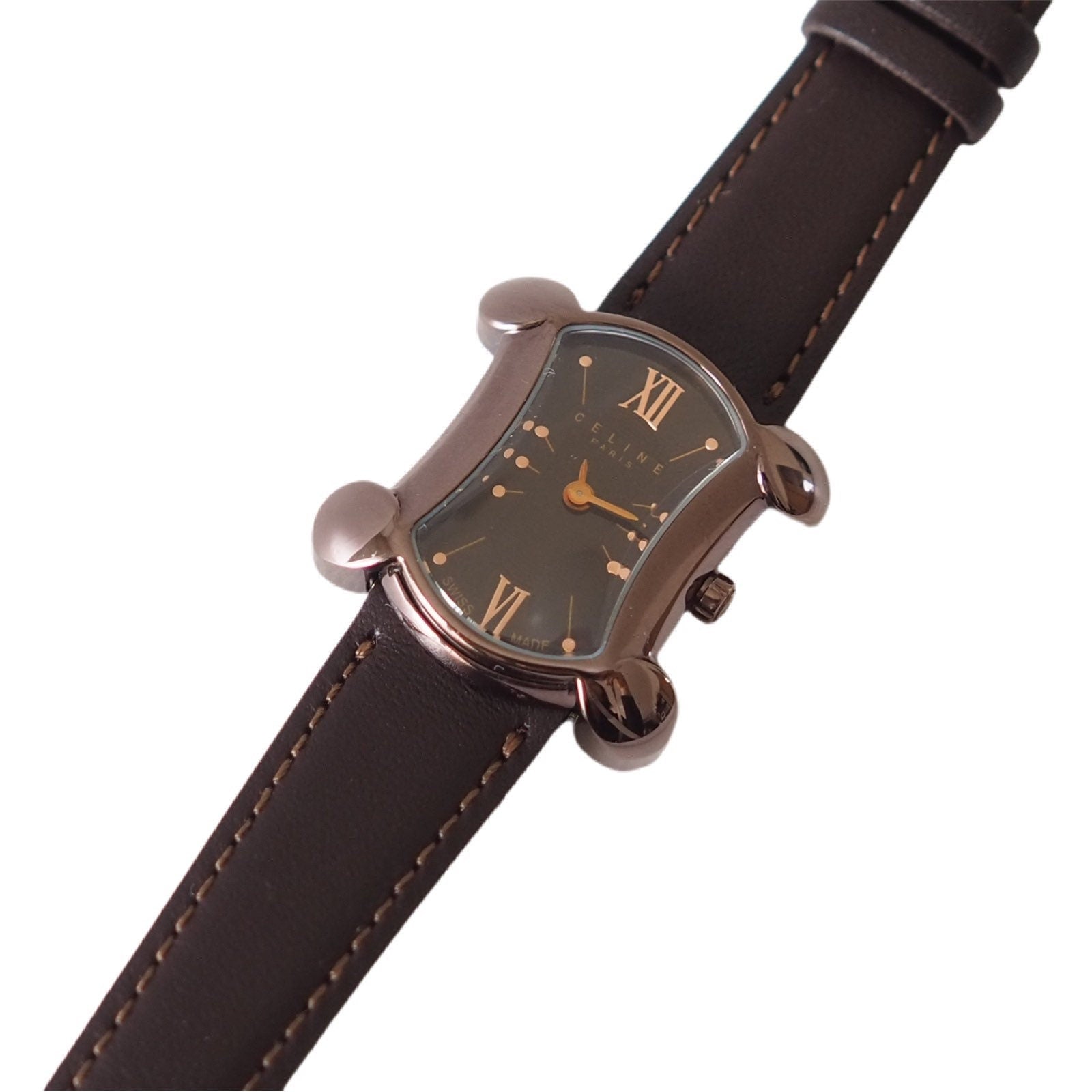 CELINE Watch Wristwatch Macadam Face Brown Color Stainless Steel Leather Quartz Vintage