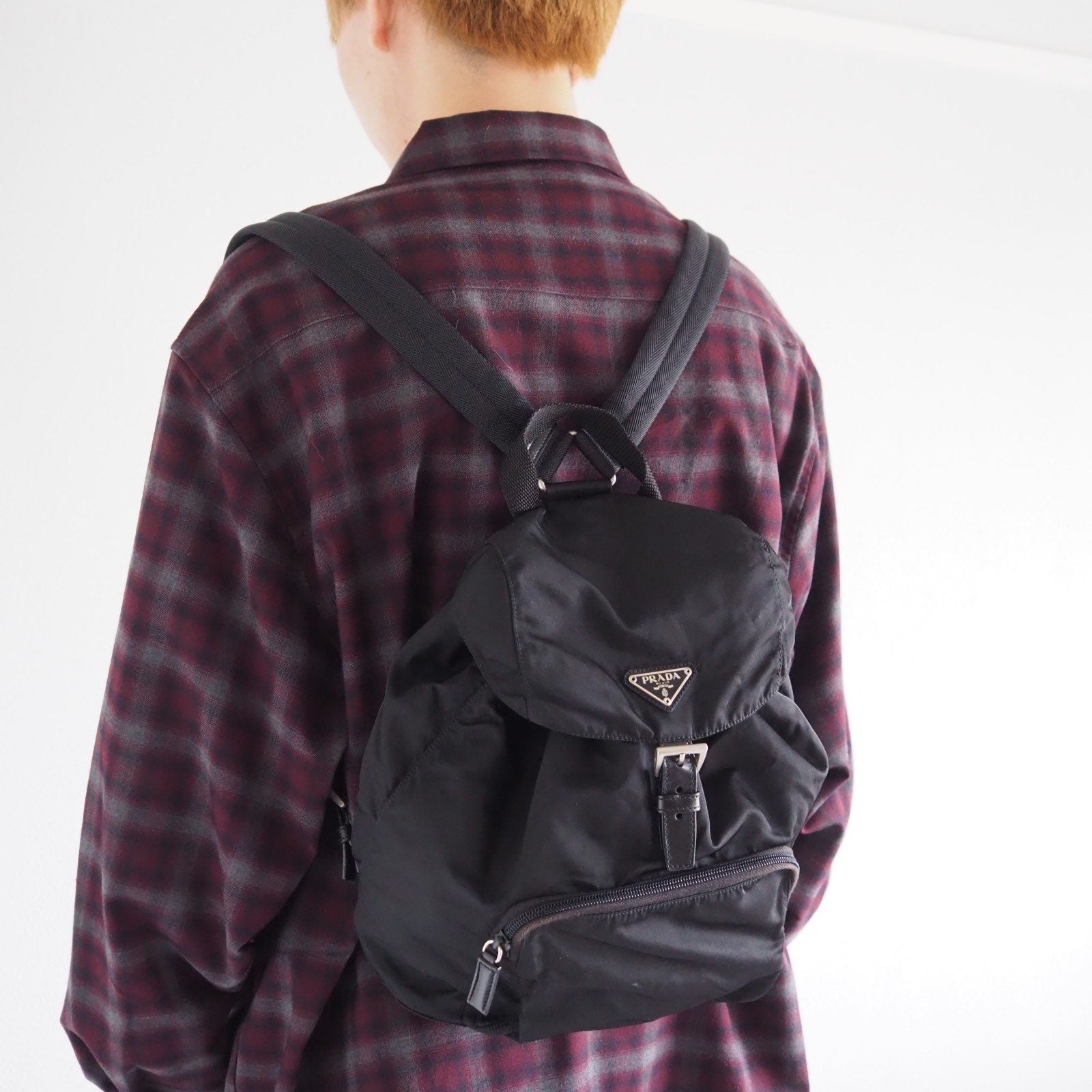 9PRADA Nylon Leather Backpack Bag Black Logo Purse Authentic