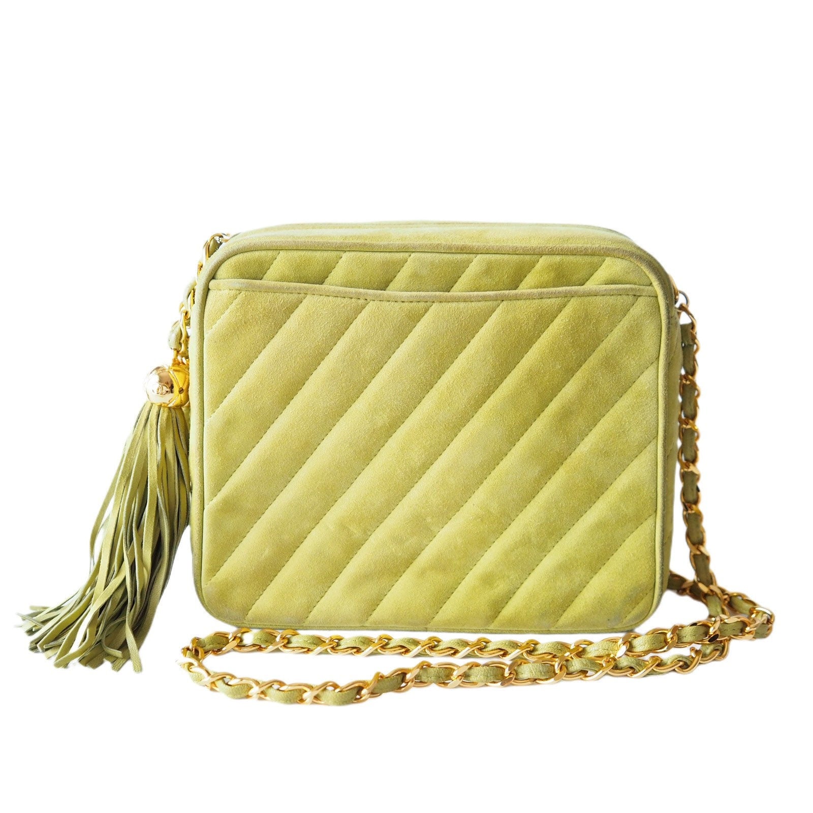 CHANEL CC Suede Fringe Chain Shoulder Bag Green Authentic