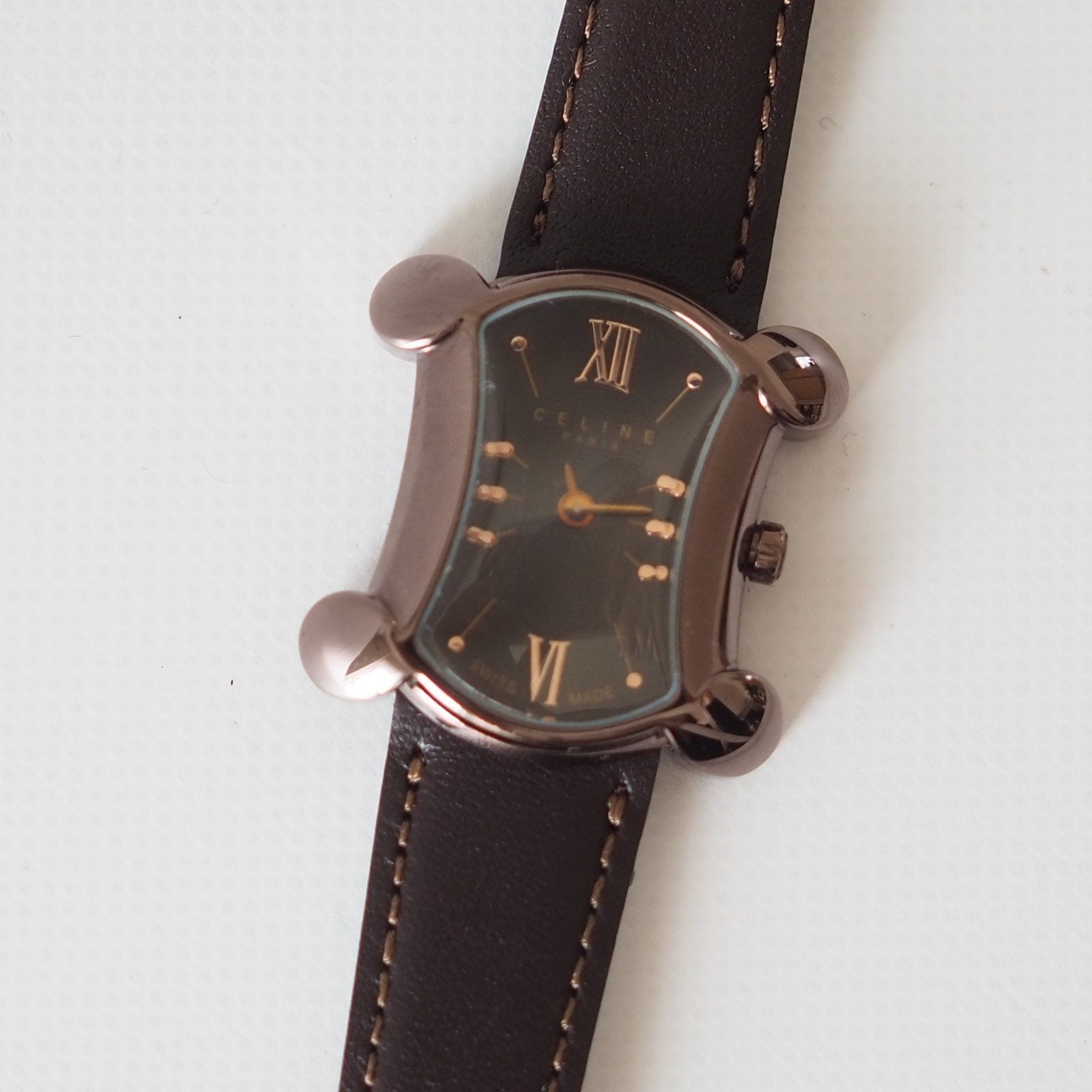 CELINE Watch Wristwatch Macadam Face Brown Color Stainless Steel Leather Quartz Vintage