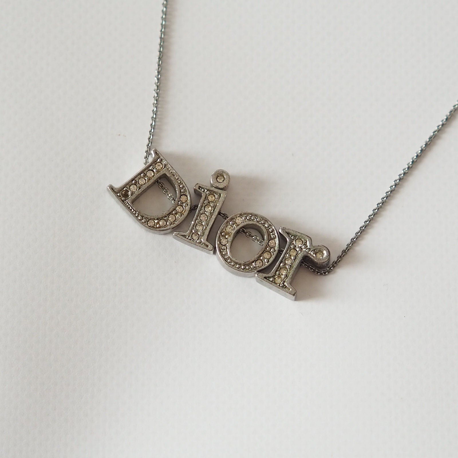 Christian Dior Necklace Rhinestone Logo Vintage Metal Silver Authentic