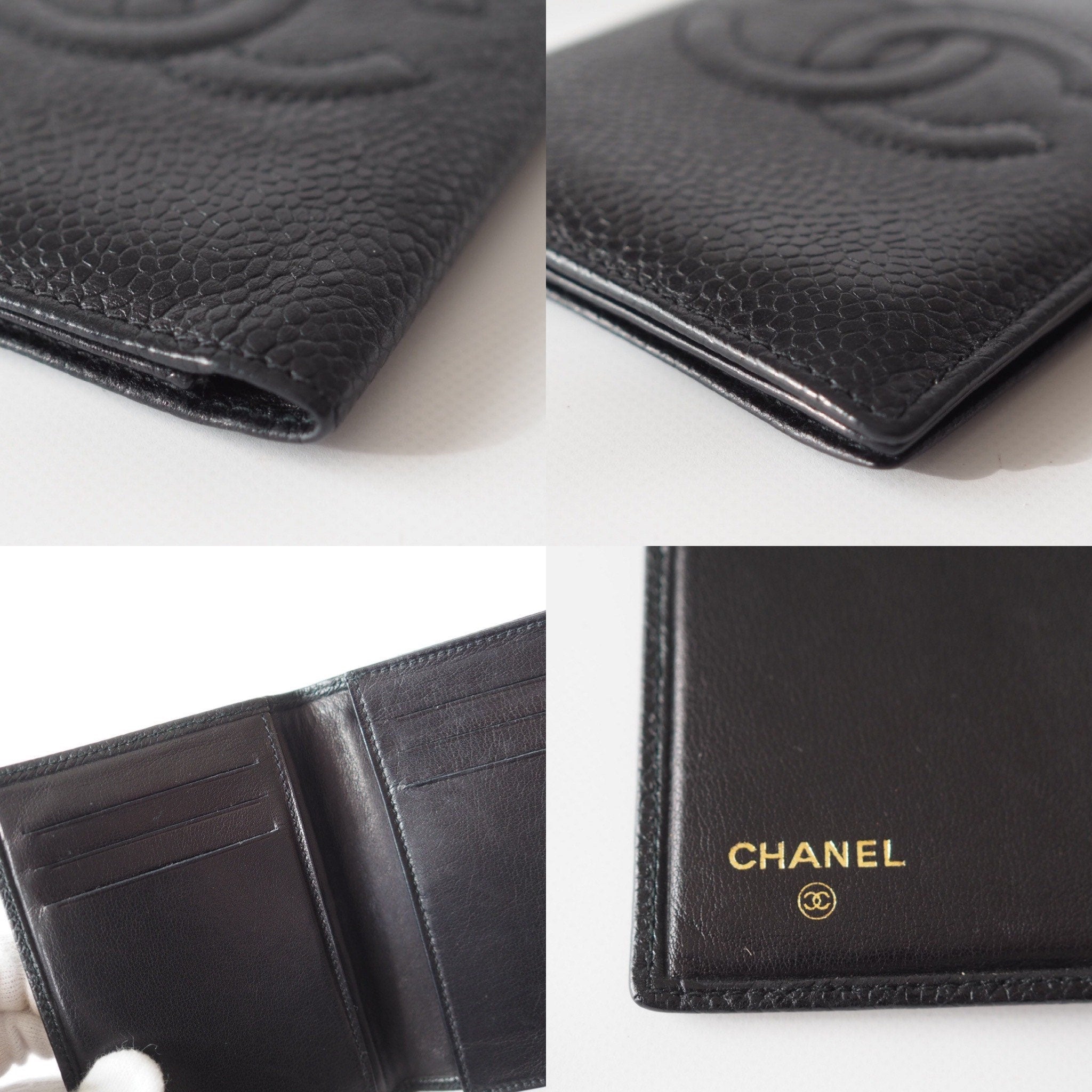 CHANEL Card Case  Purse Caviar Skin CC Leather Black Authentic Vintage Box