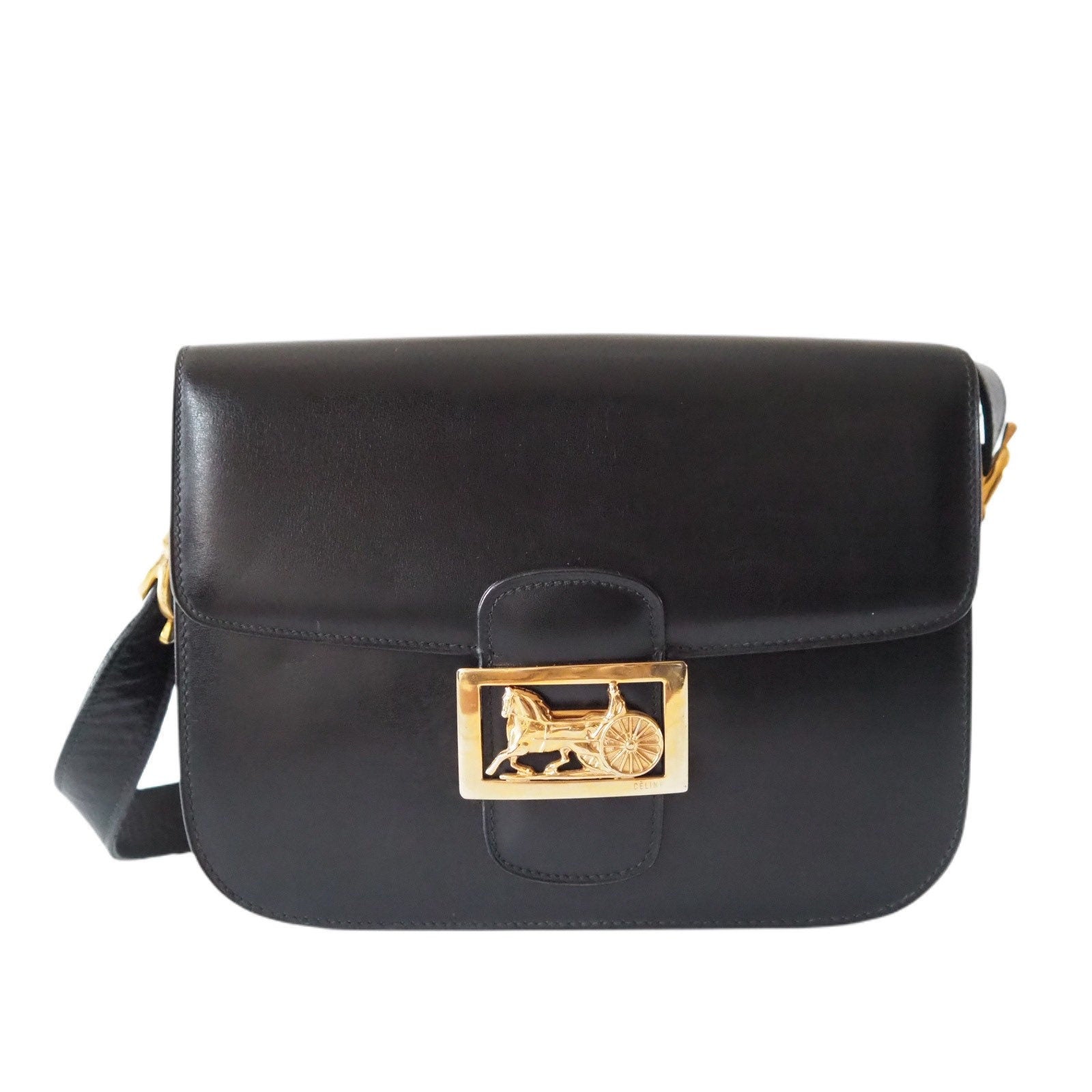 CELINE Sulky Metal parts Flap Shoulder bag Calf leather Black GHW  Authentic Vintage Classical