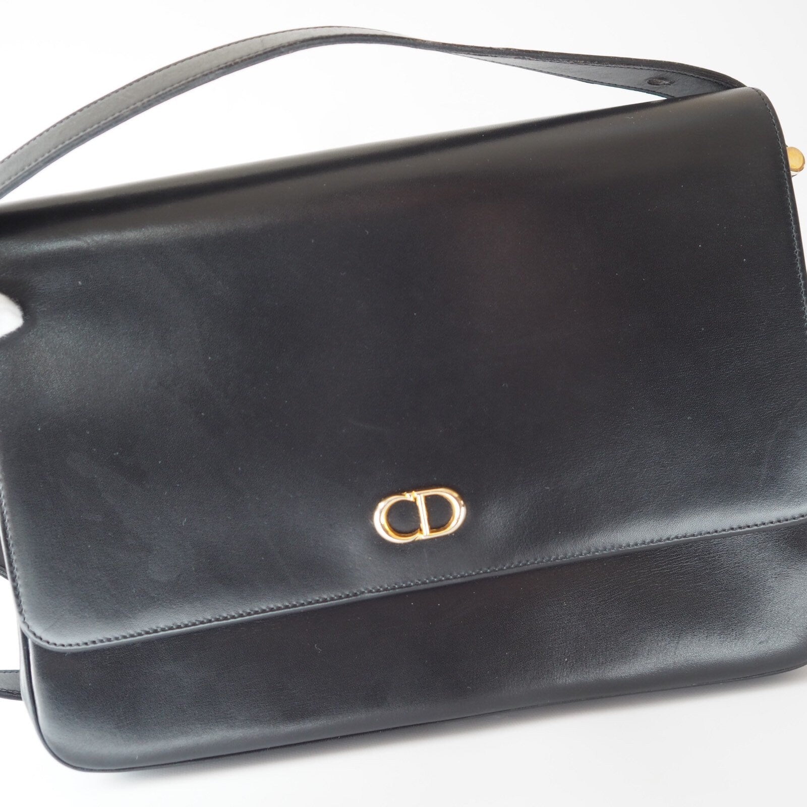 Christian Dior CD Logo Shoulder bag Black Leather Authentic