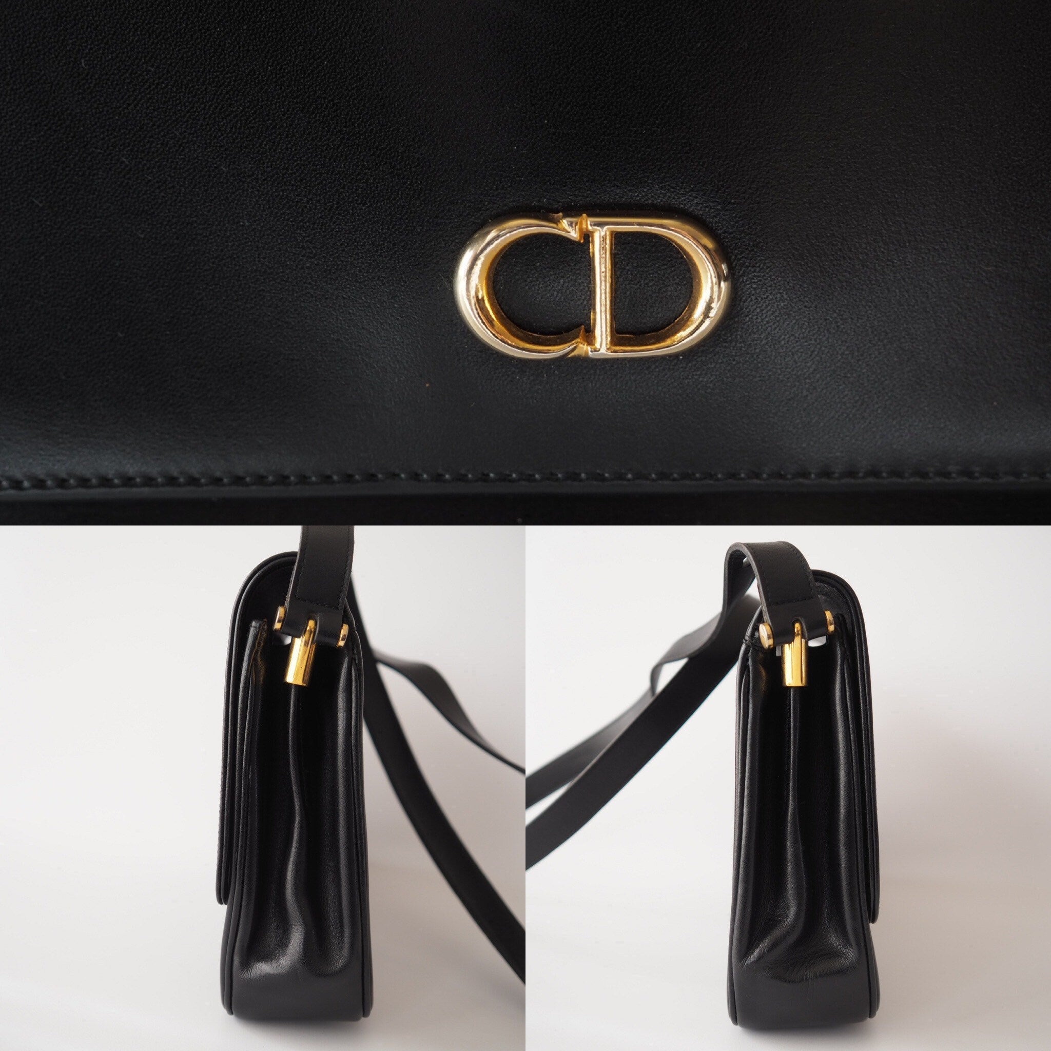 Christian Dior CD Logo Shoulder bag Black Leather Authentic