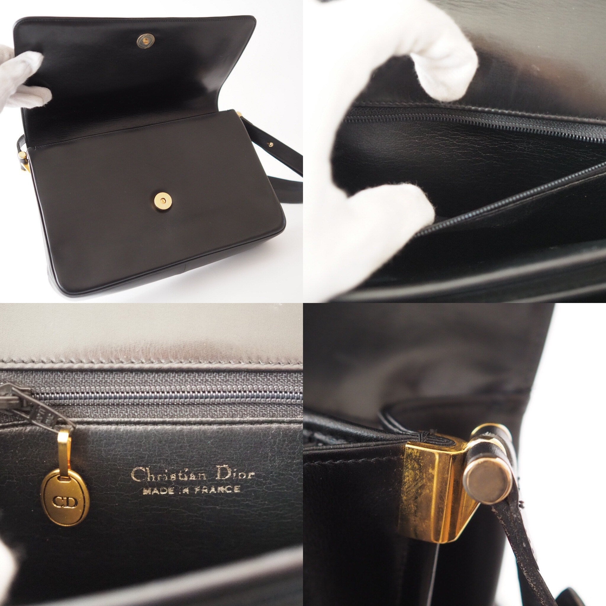 Christian Dior CD Logo Shoulder bag Black Leather Authentic