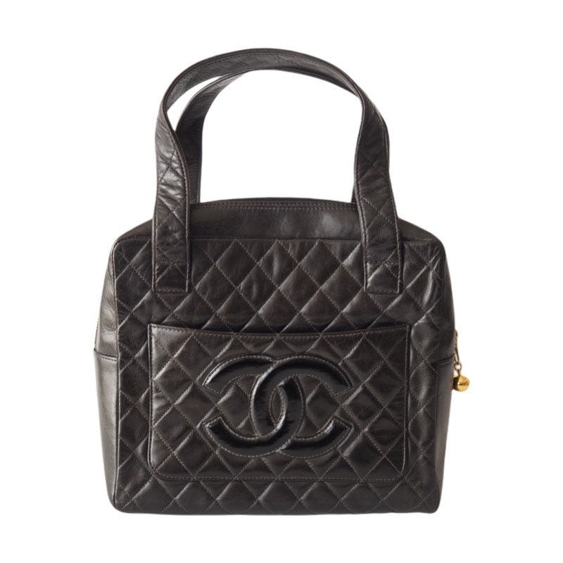 CHANEL Quilted CC Hand Bag Black Leather Vintage Authentic