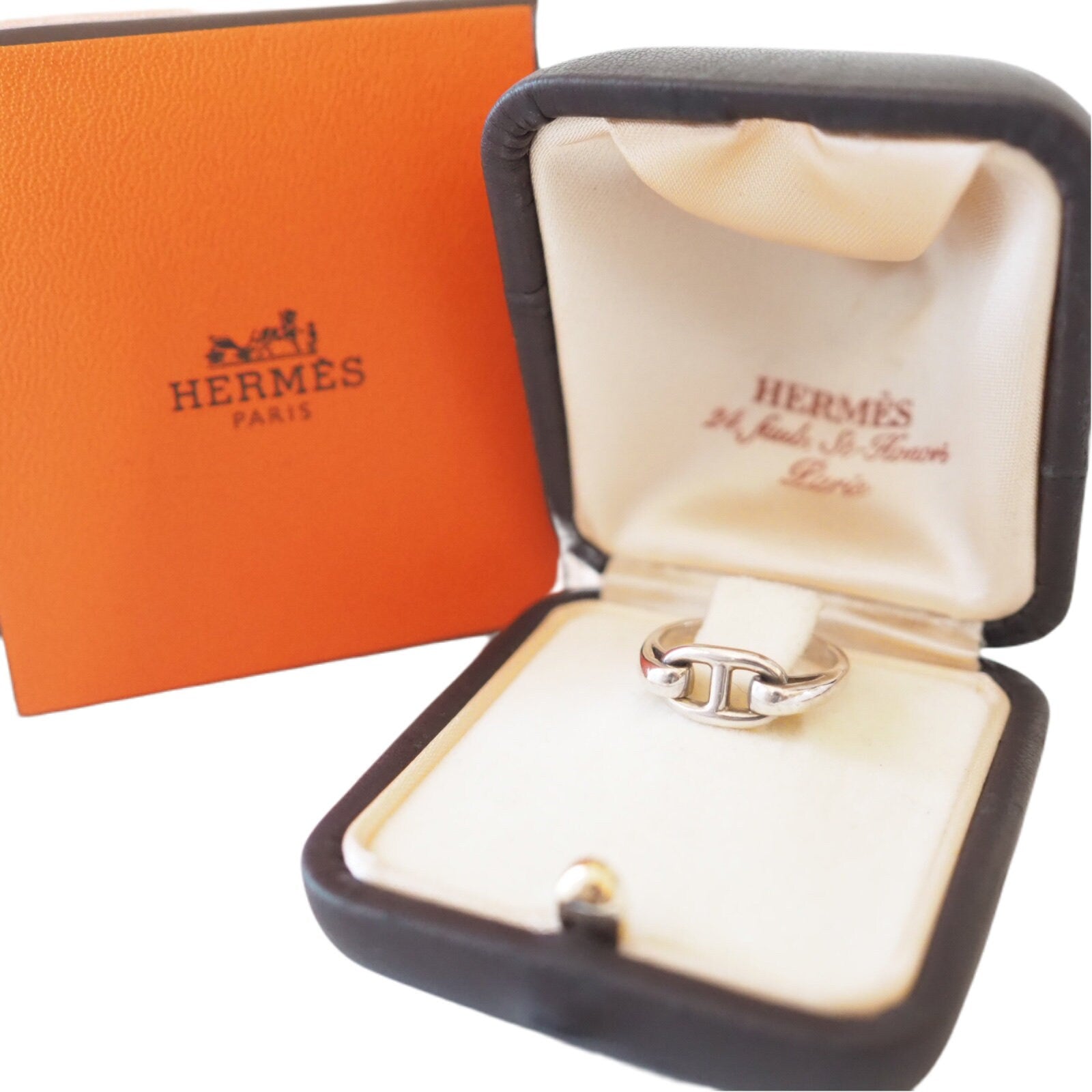 HERMES Sterling Silver H Charm Farandole Chaine d'Anecre horse bit Ring 6.5 US Box Vintage