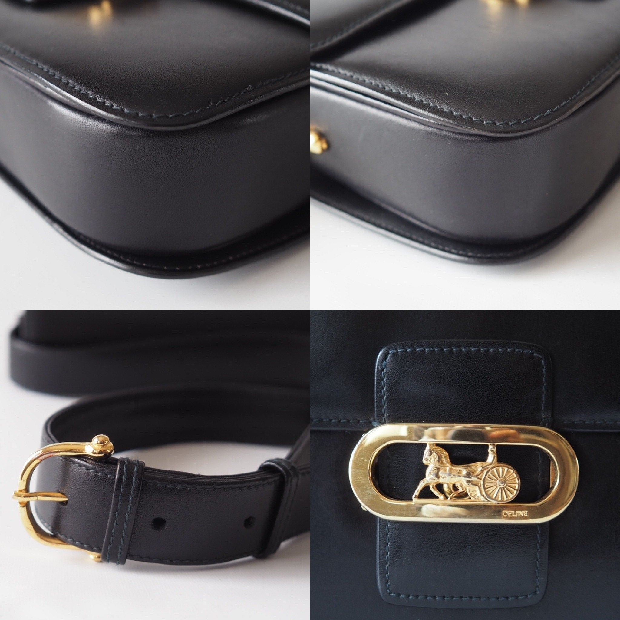 CELINE Sulky Metal parts Flap Shoulder bag Calf leather Black GHW  Authentic Vintage Classical