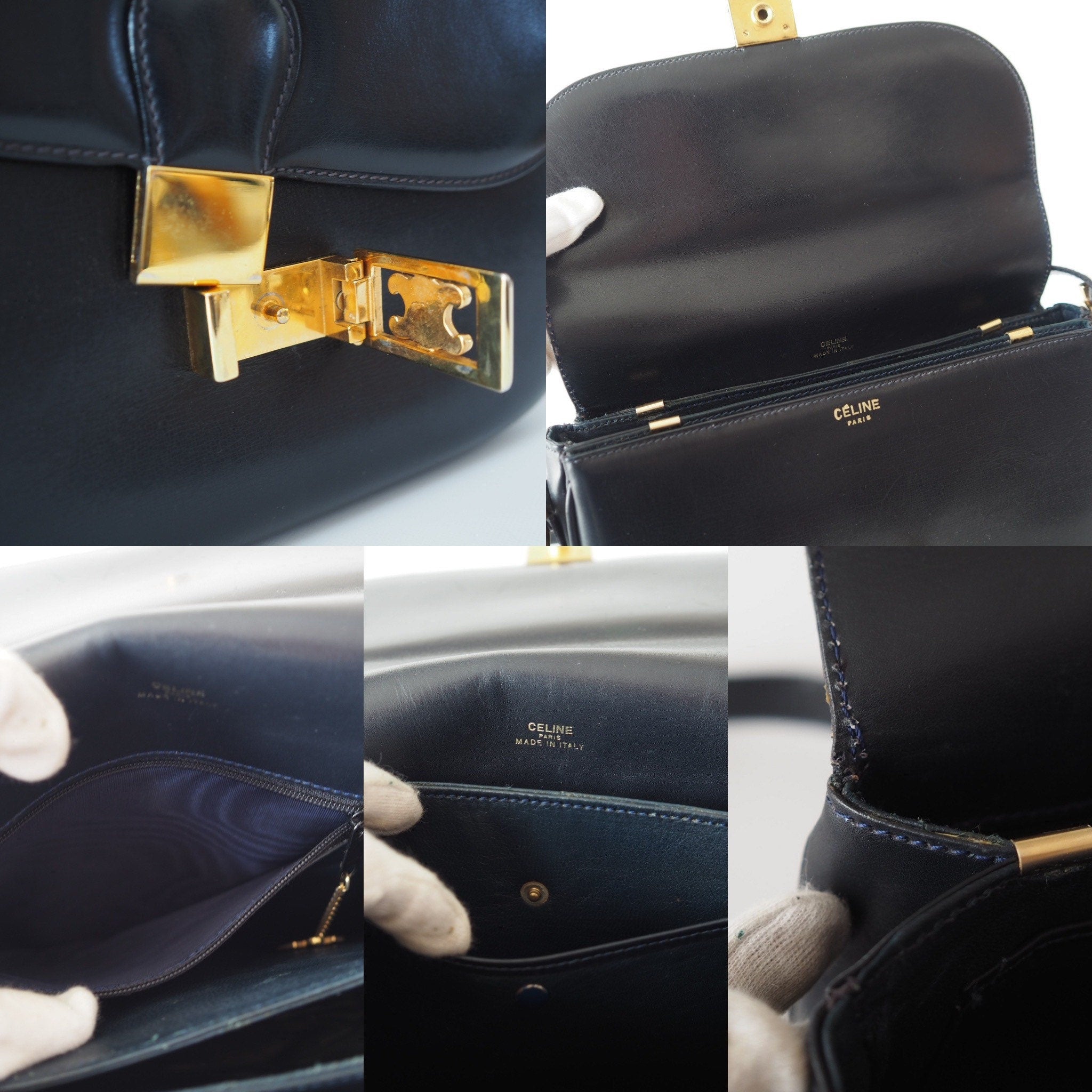 CELINE Macadam Brazon Metal Parts Flap Shoulder bag Calf leather Black GHW  Authentic Vintage Classical
