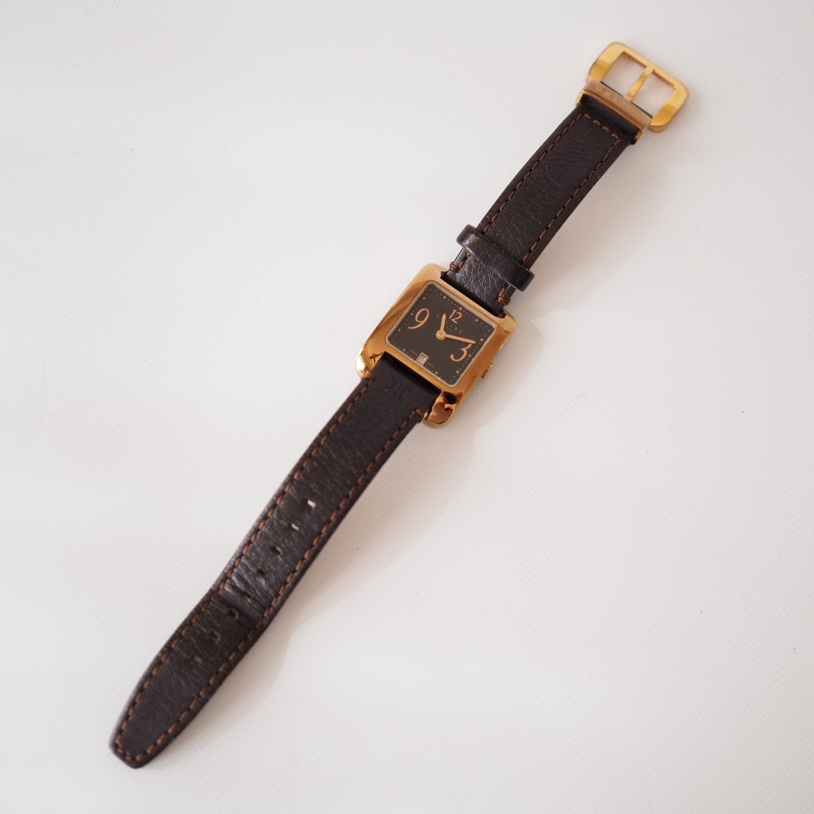 CELINE Watch Wristwatch Square Face Macadam Logo Gold Color Steel Quartz Vintage