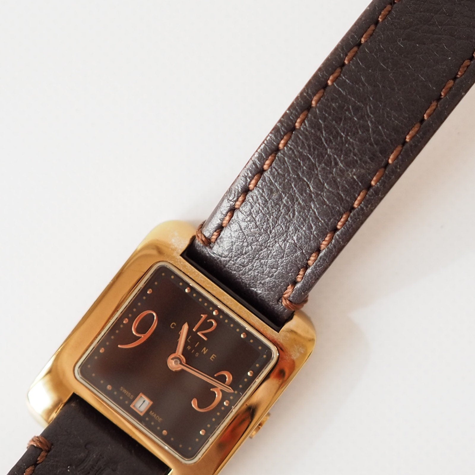 CELINE Watch Wristwatch Square Face Macadam Logo Gold Color Steel Quartz Vintage