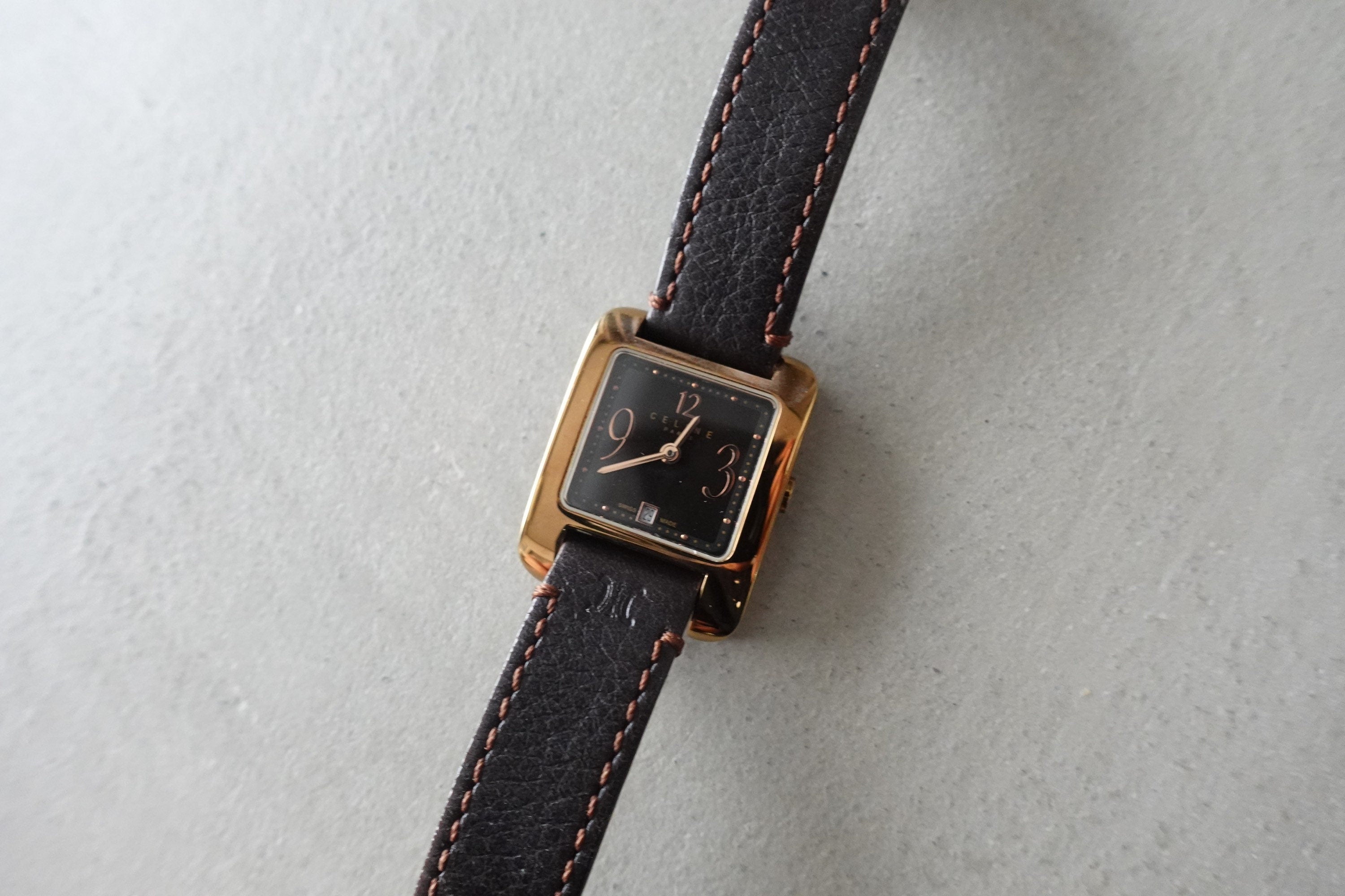 CELINE Watch Wristwatch Square Face Macadam Logo Gold Color Steel Quartz Vintage