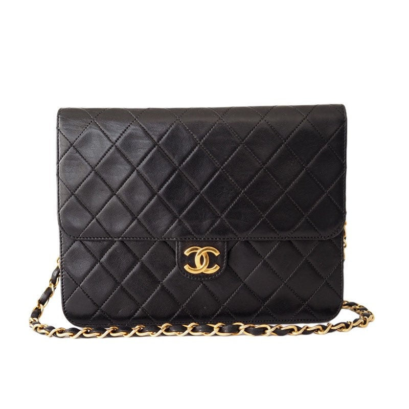 CHANEL Matelasse Quilted CC Logo Lambskin Chain Shoulder Bag Black Vintage Auth