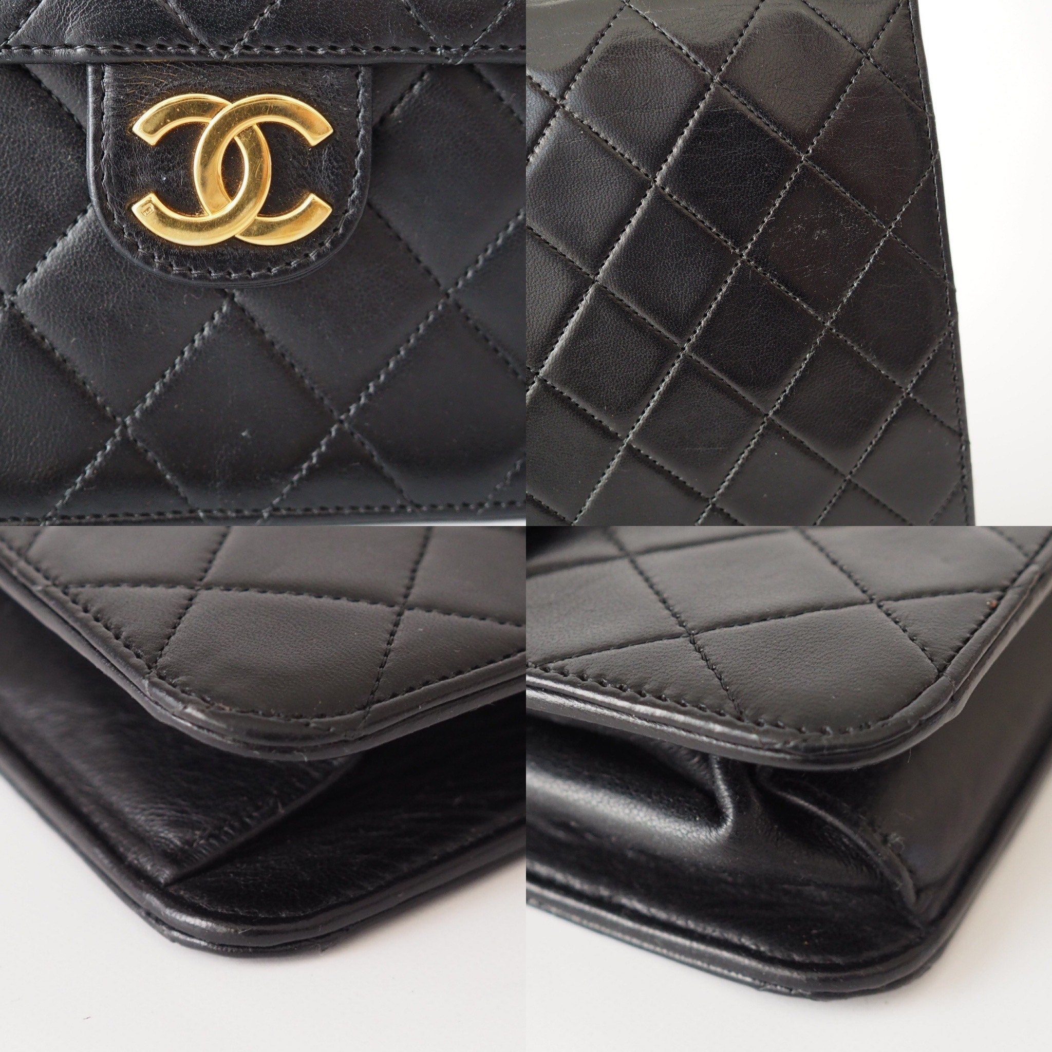 CHANEL Matelasse Quilted CC Logo Lambskin Chain Shoulder Bag Black Vintage Auth