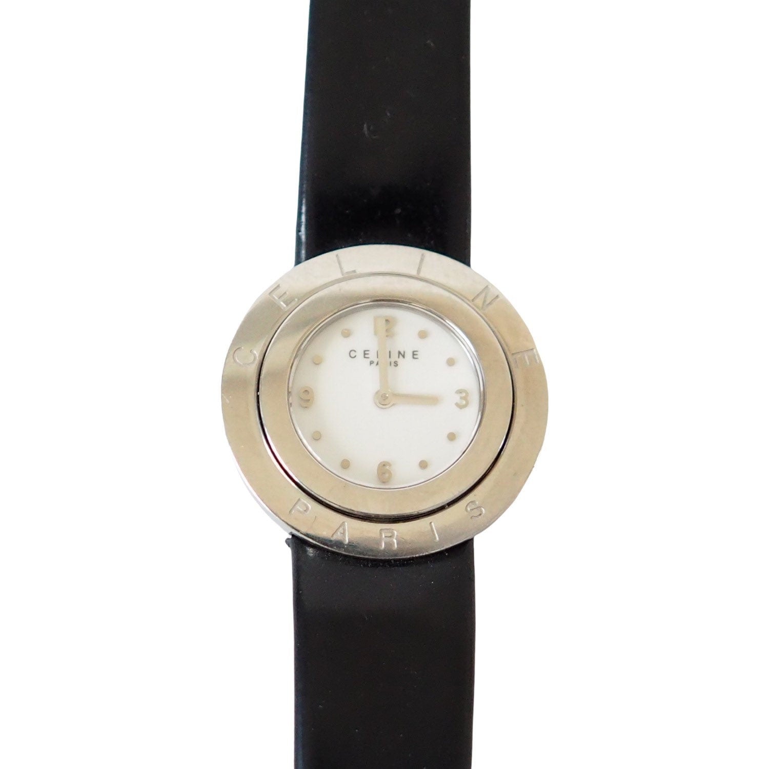 CELINE Watch Wristwatch Circle Face Logo Silver Color Steel Quartz Vintage