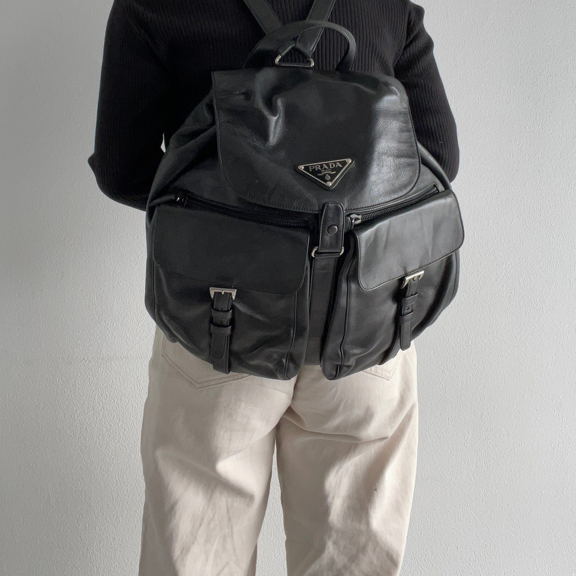 PRADA Backpack Bag Leather Black Logo Purse Authentic Unisex