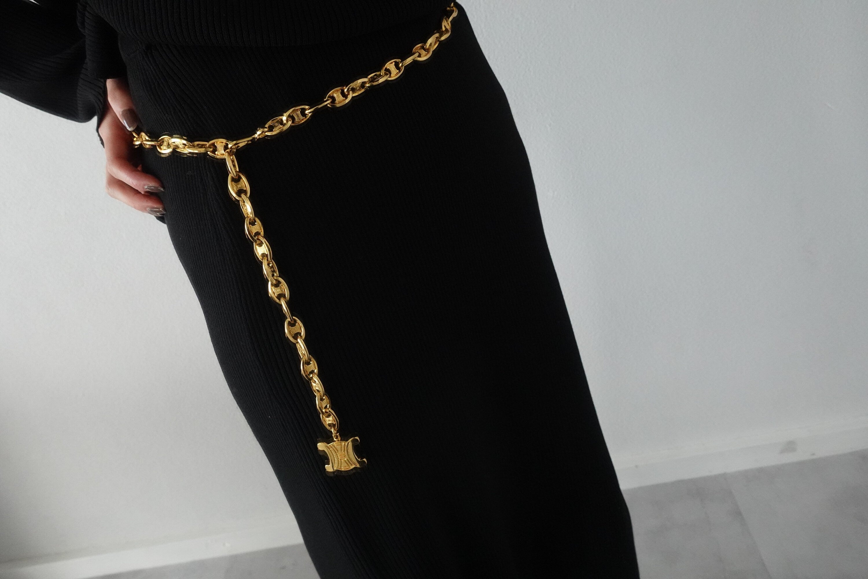 CELINE Vintage Gold Macadam Logo Chain Link Charm Waist Belt  Authentic