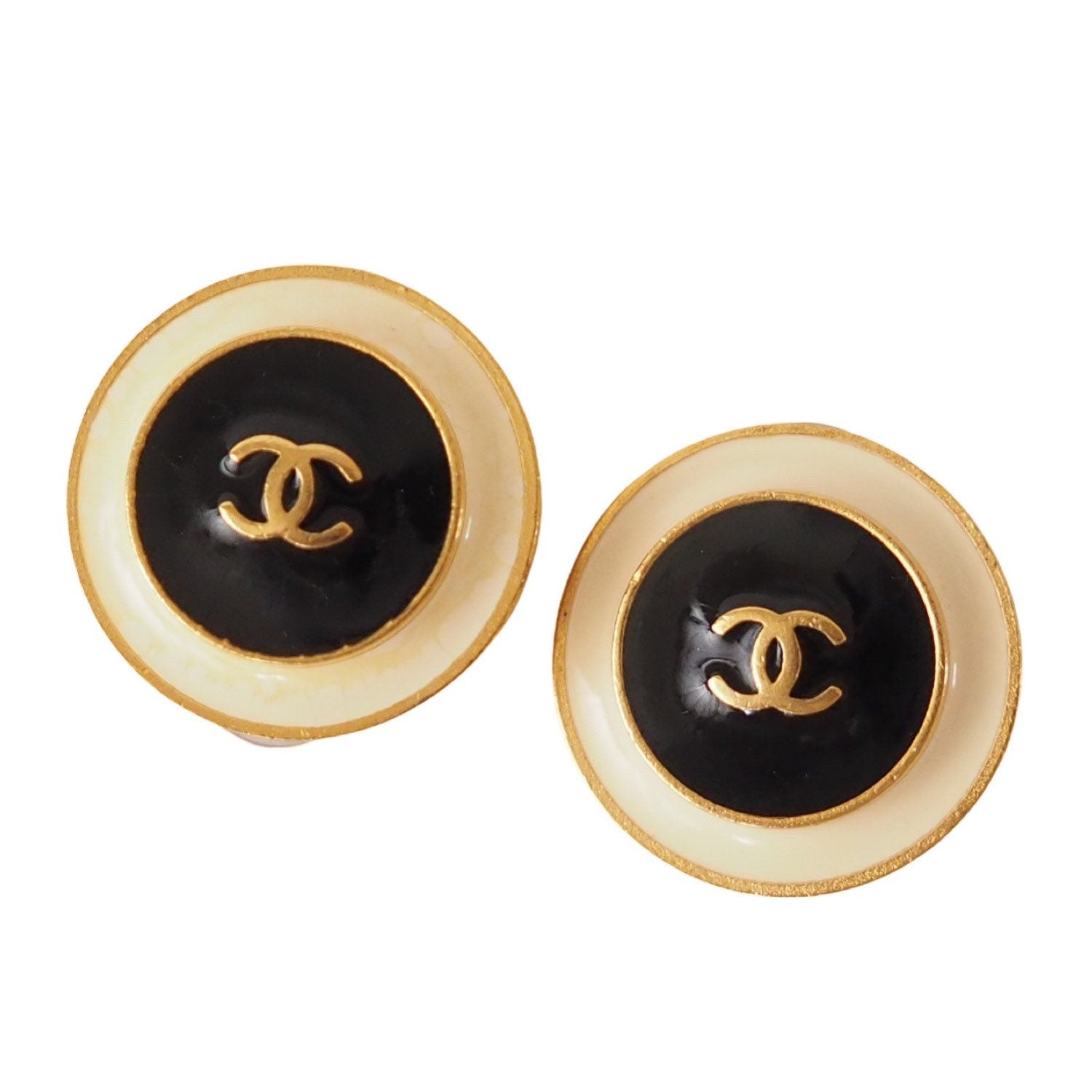 CHANEL COCO Earrings Black White Gold Box