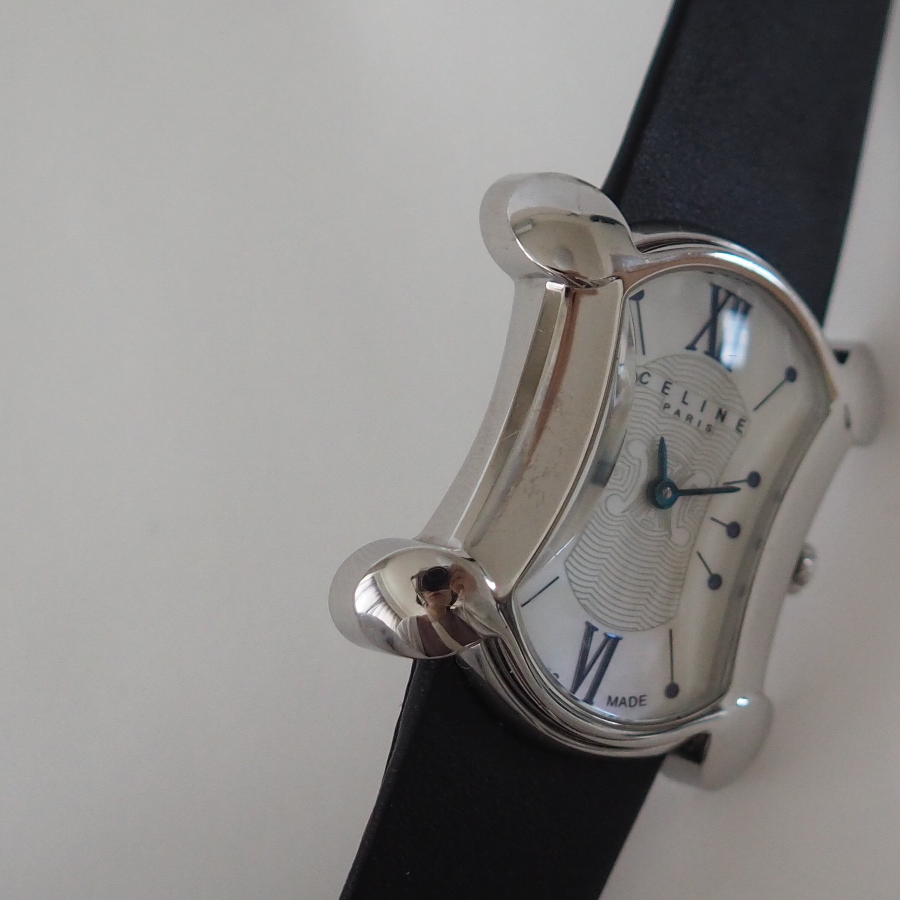 CELINE Watch Wristwatch Macadam Face Silver Color Steel Leather Quartz Vintage