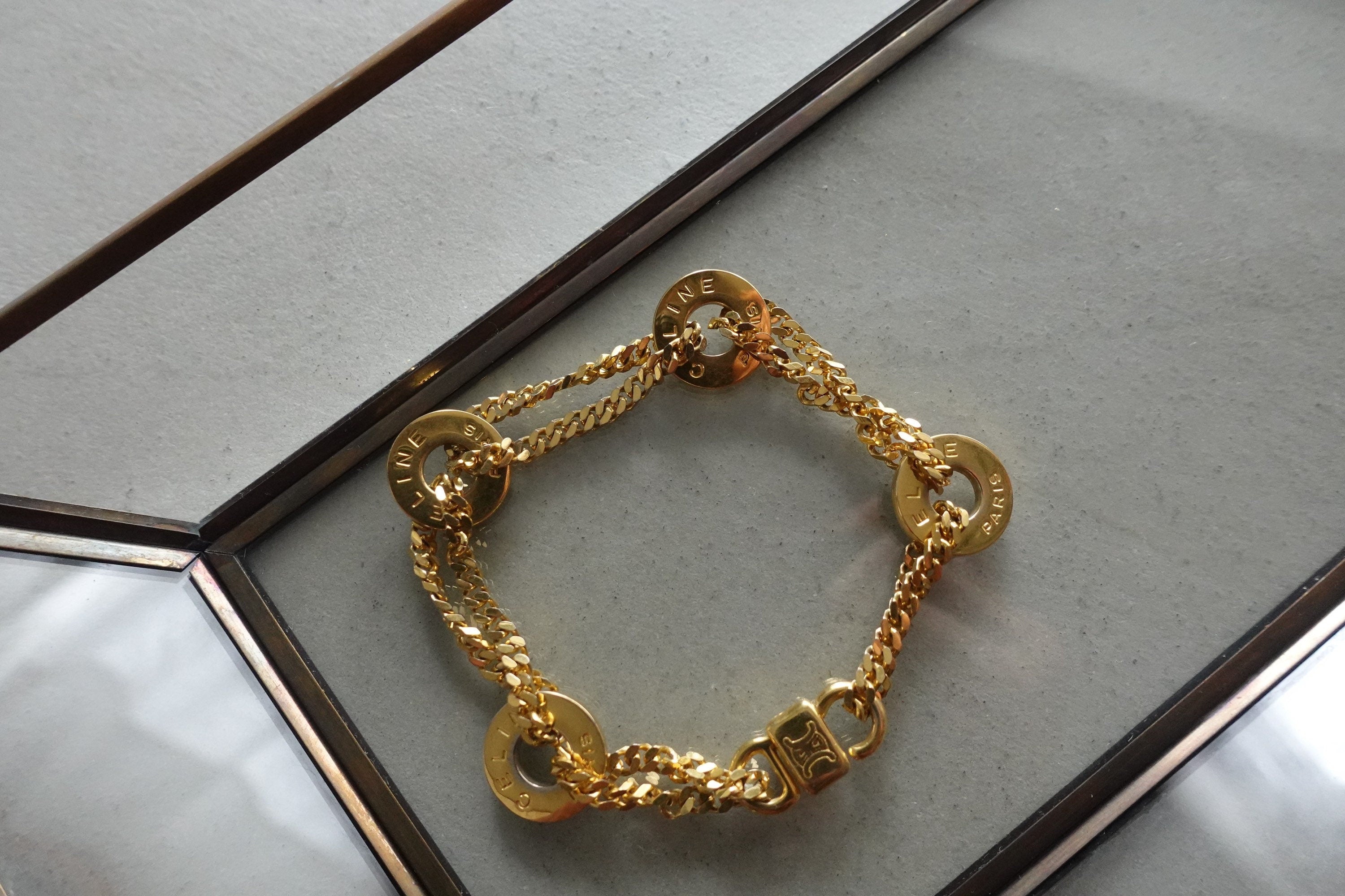 CELINE Circle Macadam Bracelet Vintage Metal Gold Authentic