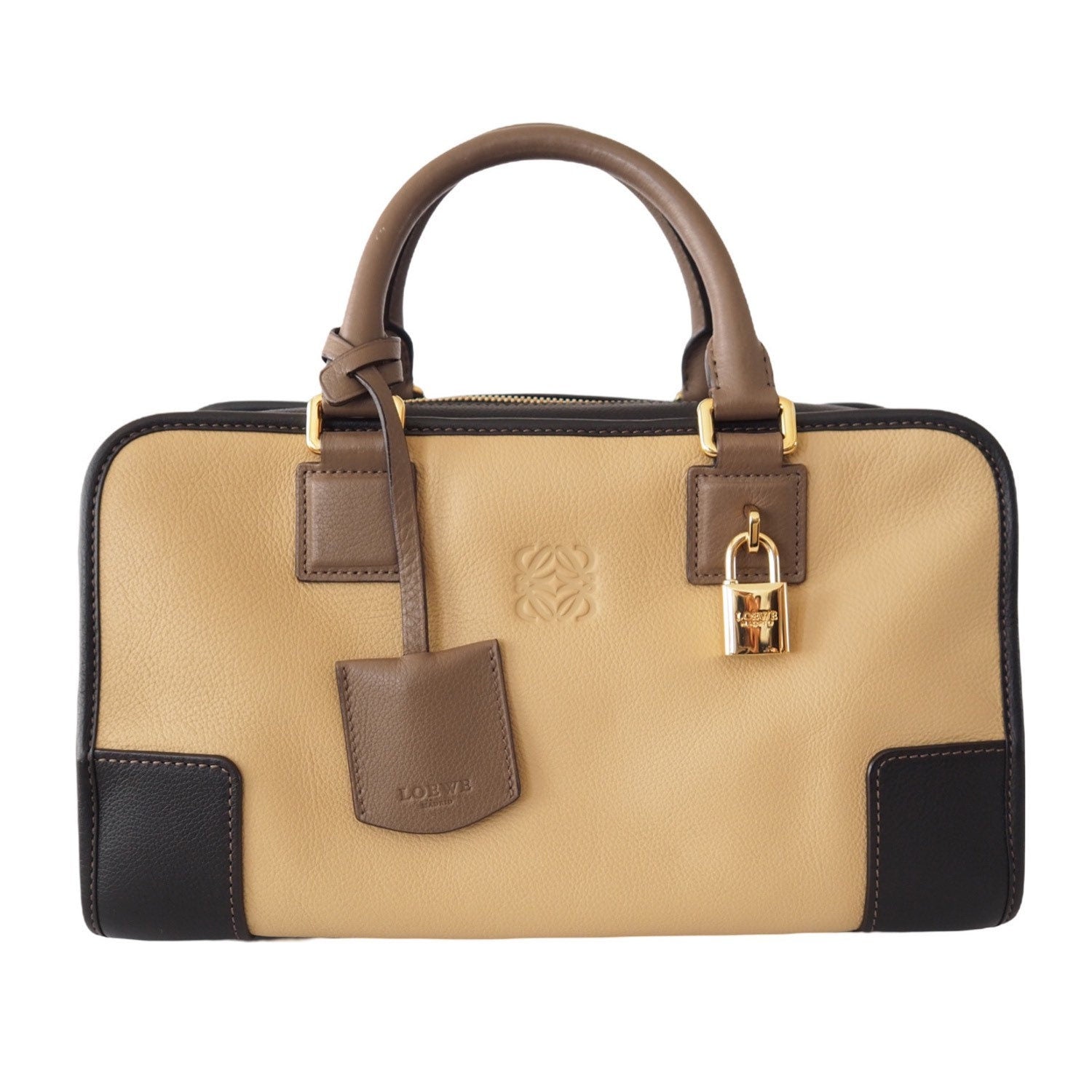 LOEWE Amazona 28 Anagram Hand Mini Boston Bag Leather Beige Brown Authentic