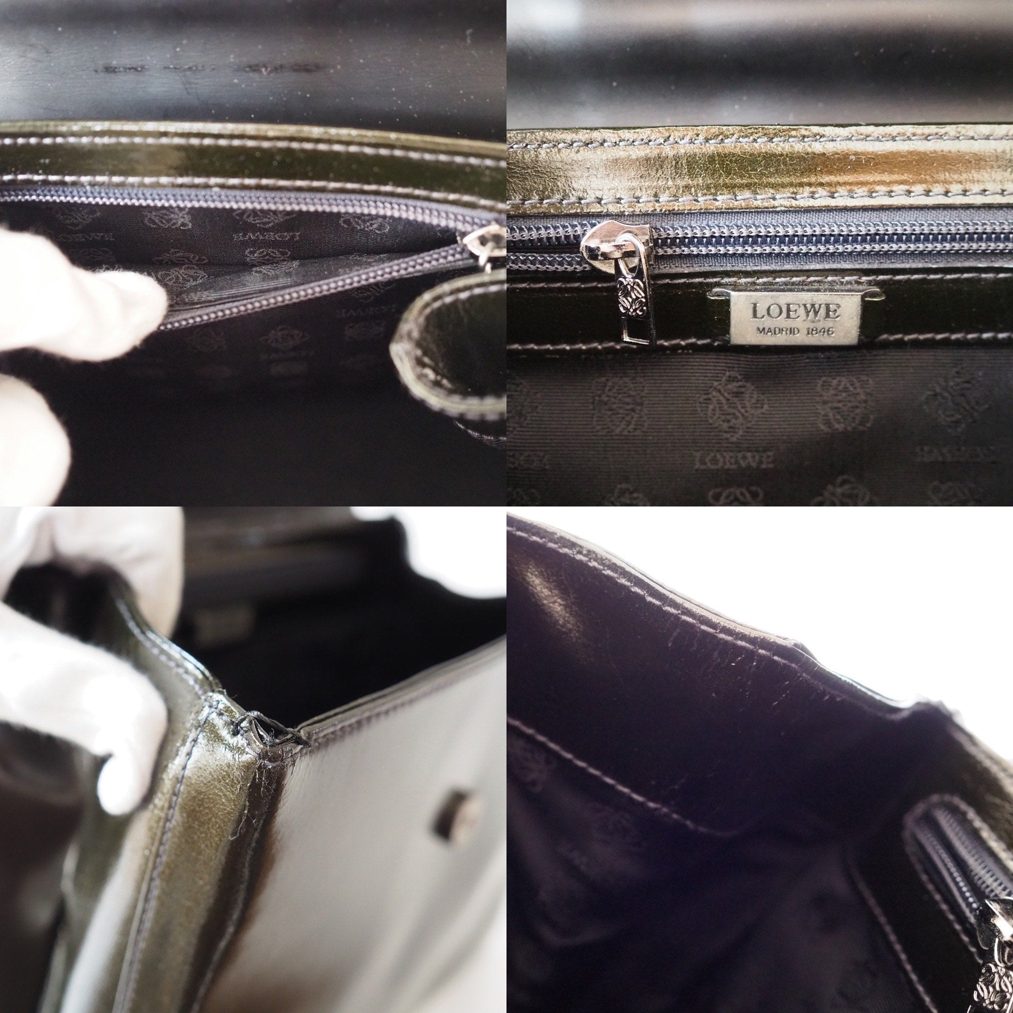 Authentic LOEWE VELAZQUEZ Hand Bag Black Combi Patent Leather Vintage