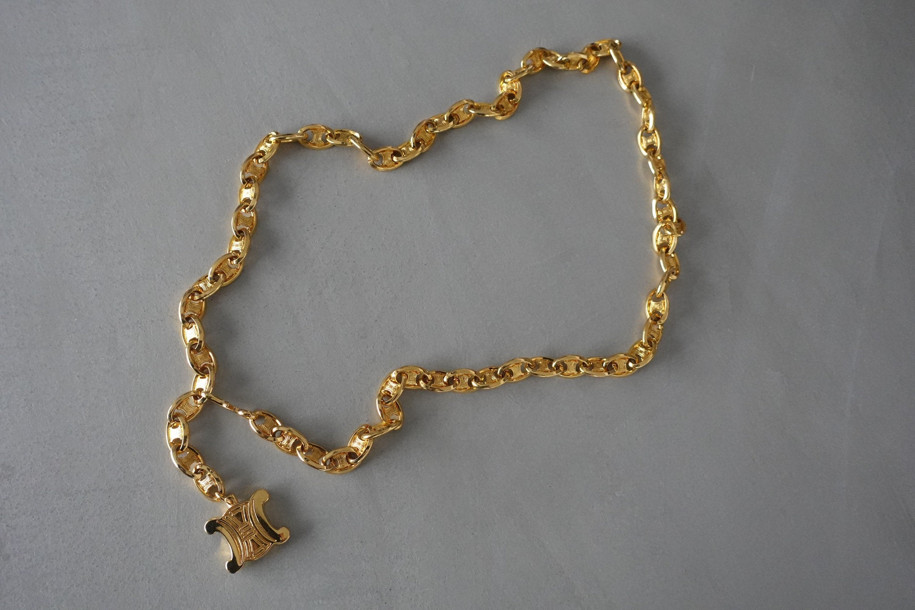 CELINE Vintage Gold Macadam Logo Chain Link Charm Waist Belt  Authentic