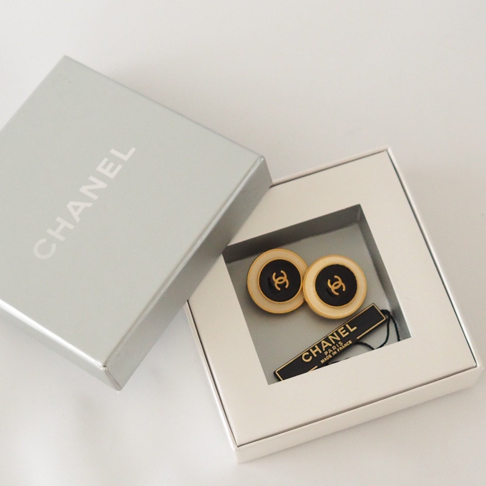 CHANEL COCO Earrings Black White Gold Box