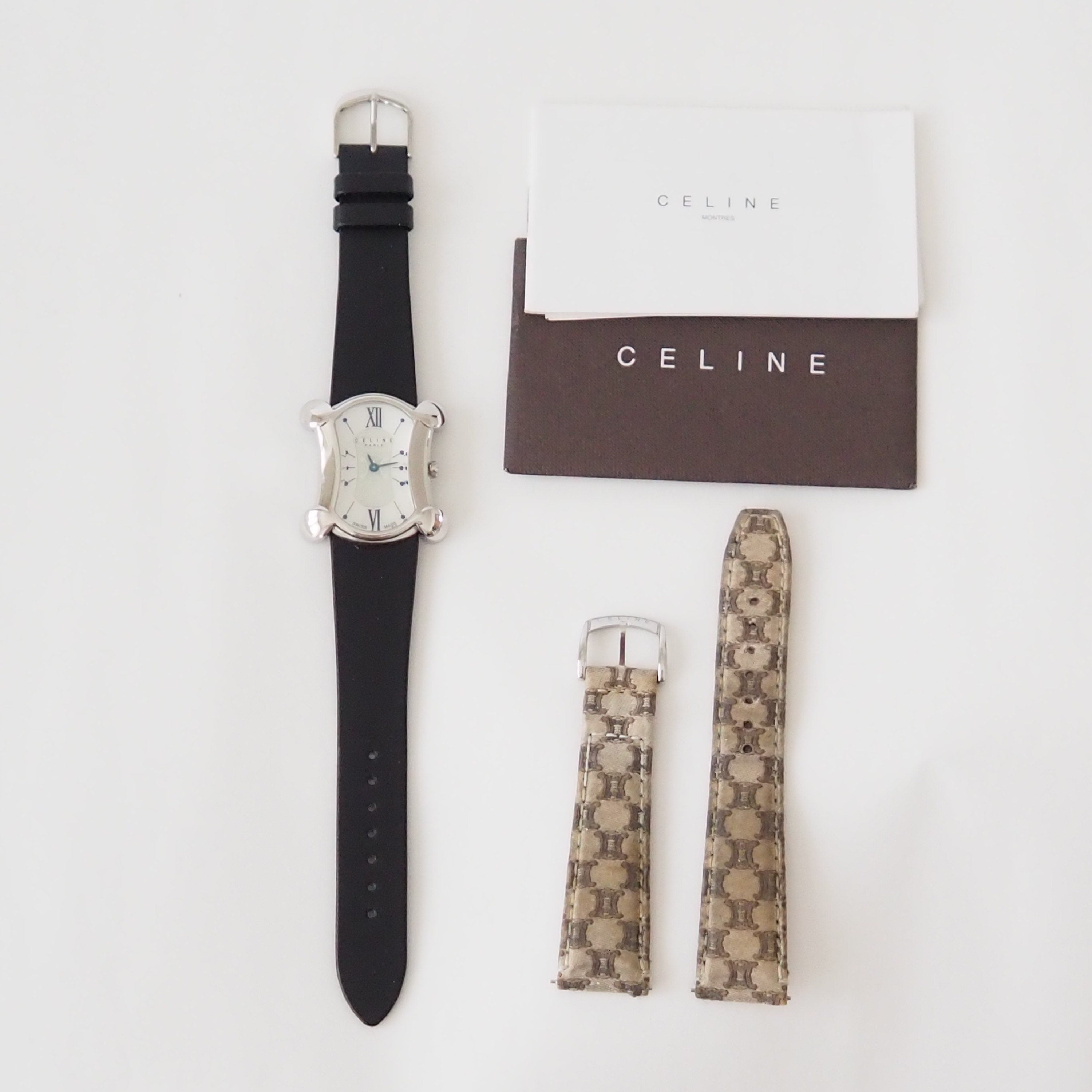 CELINE Watch Wristwatch Macadam Face Silver Color Steel Leather Quartz Vintage