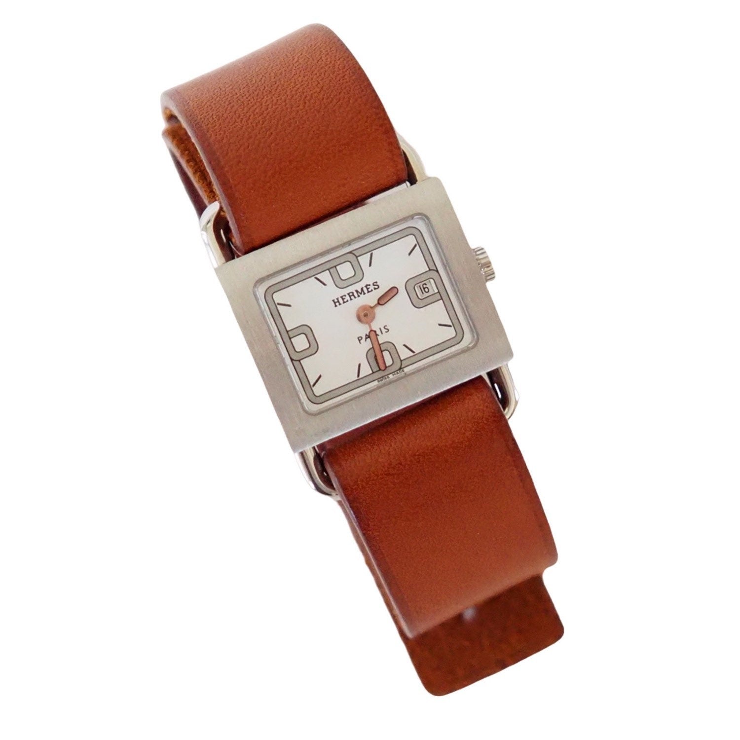 HERMES Valenia Date Silver Dial Quartz Watch Wristwatch Leather Brown Band Vintage BA1.510