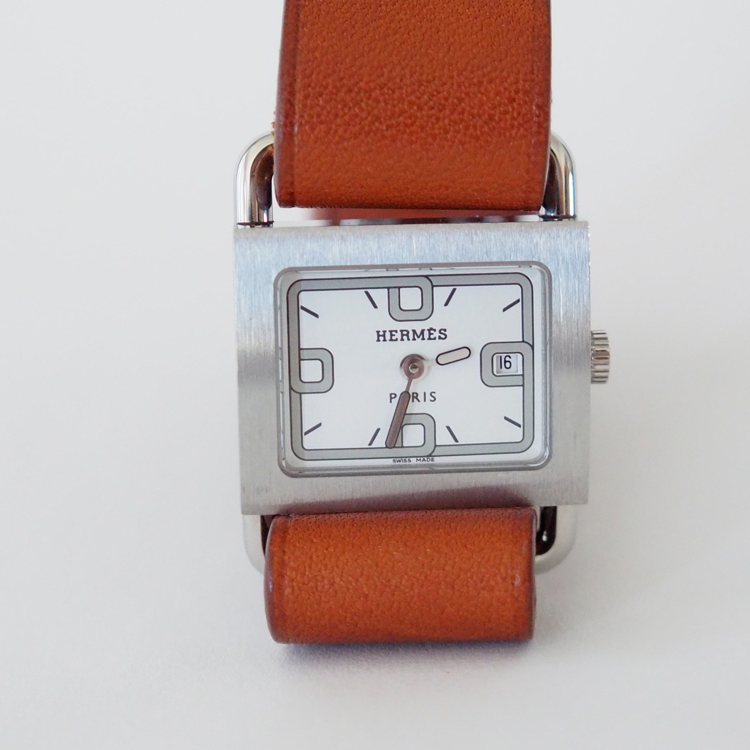 HERMES Valenia Date Silver Dial Quartz Watch Wristwatch Leather Brown Band Vintage BA1.510