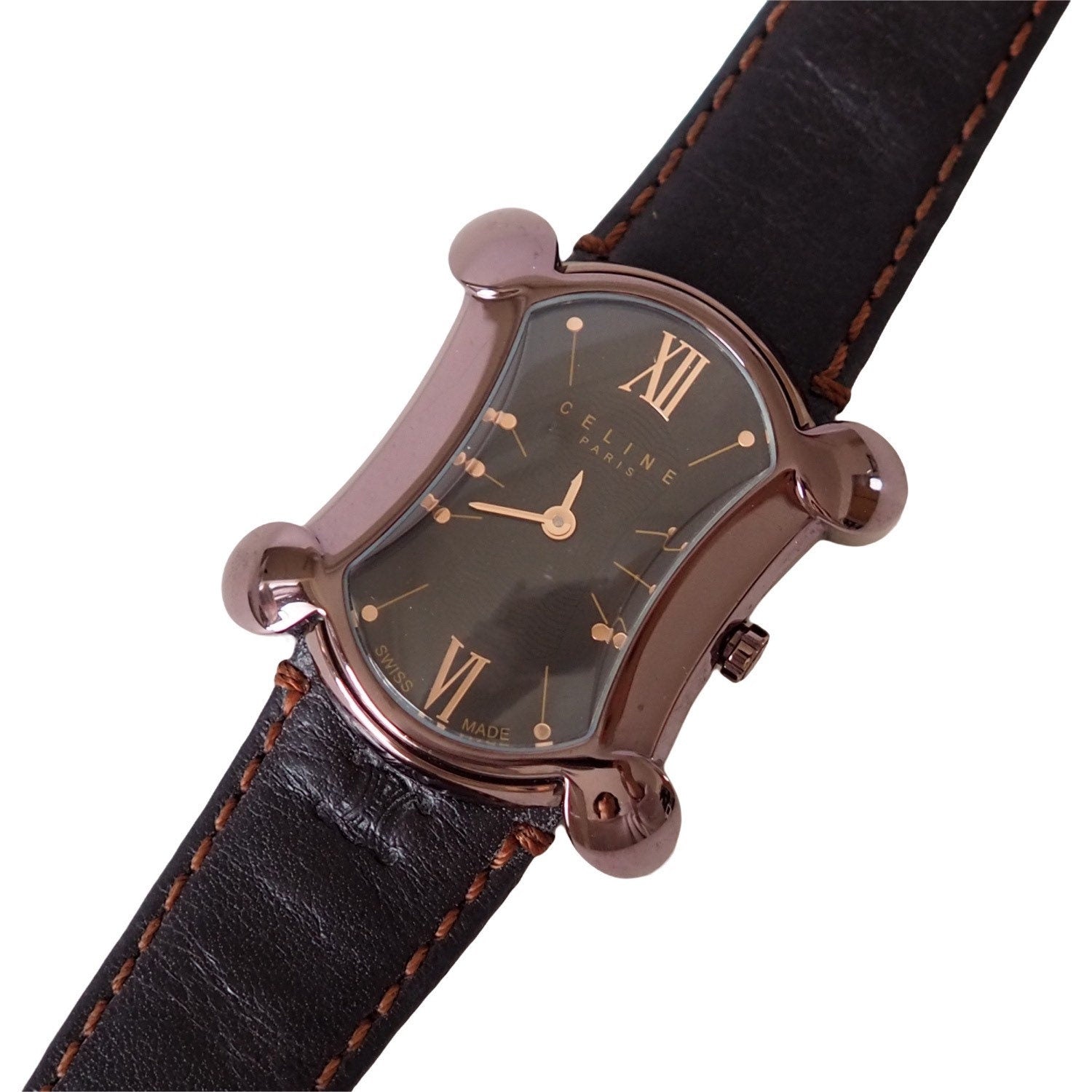 CELINE Watch Wristwatch Macadam Face Brown Color Stainless Steel Leather Quartz Vintage