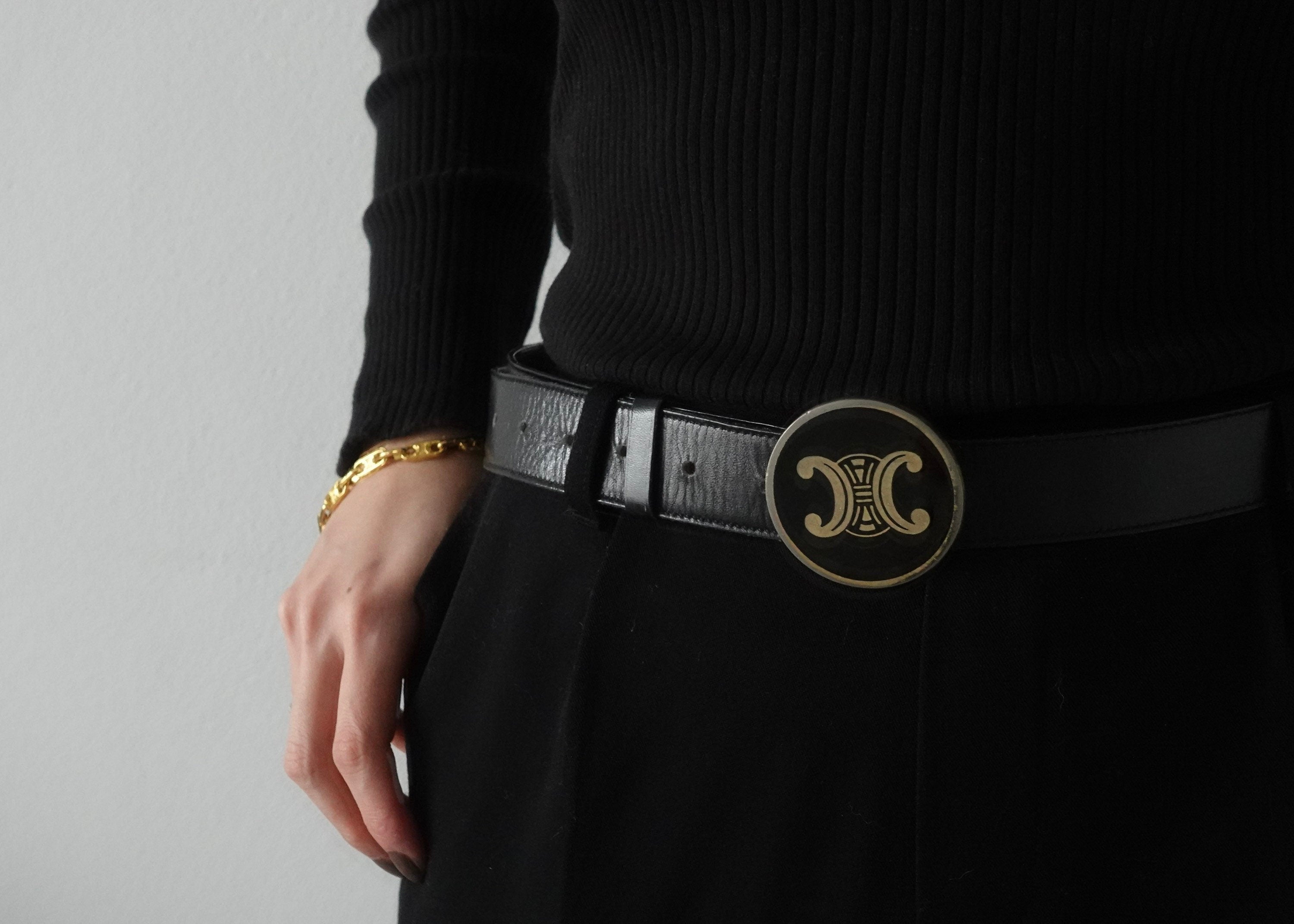 CELINE Macadam Logo Belt Leather Black Vintage Authentic