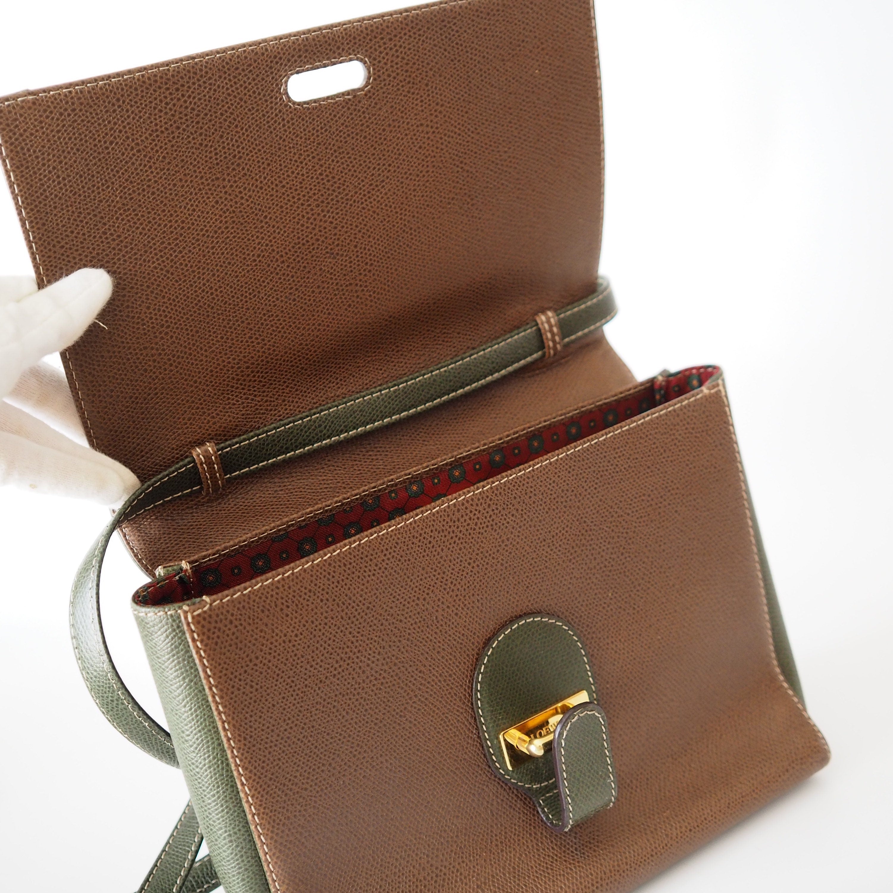 LOEWE Anagram 2way Hand Bag Green Brown Combi Leather Vintage Authentic