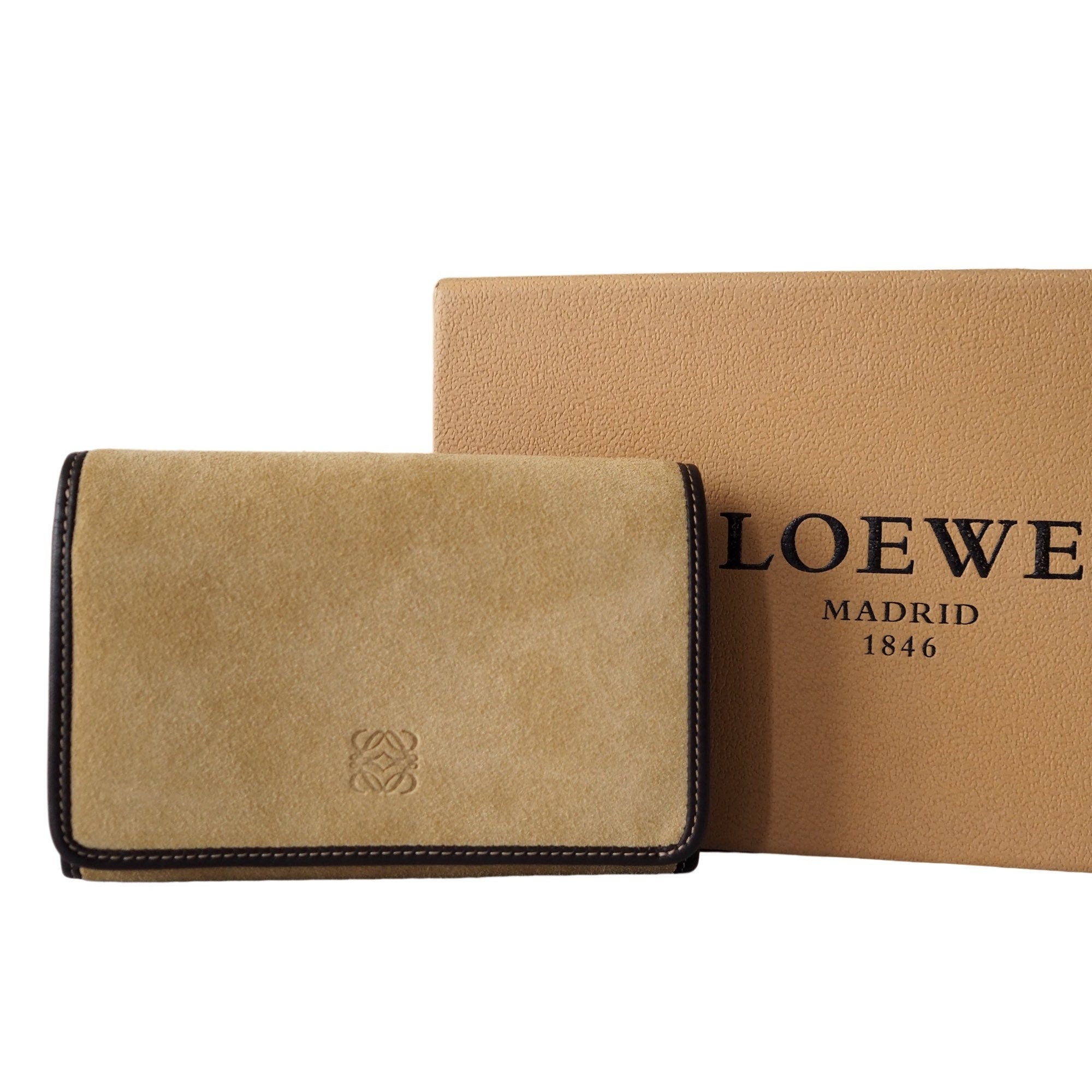 LOEWE Anagram Compact Wallet Suede Leather Beige Brown Authentic