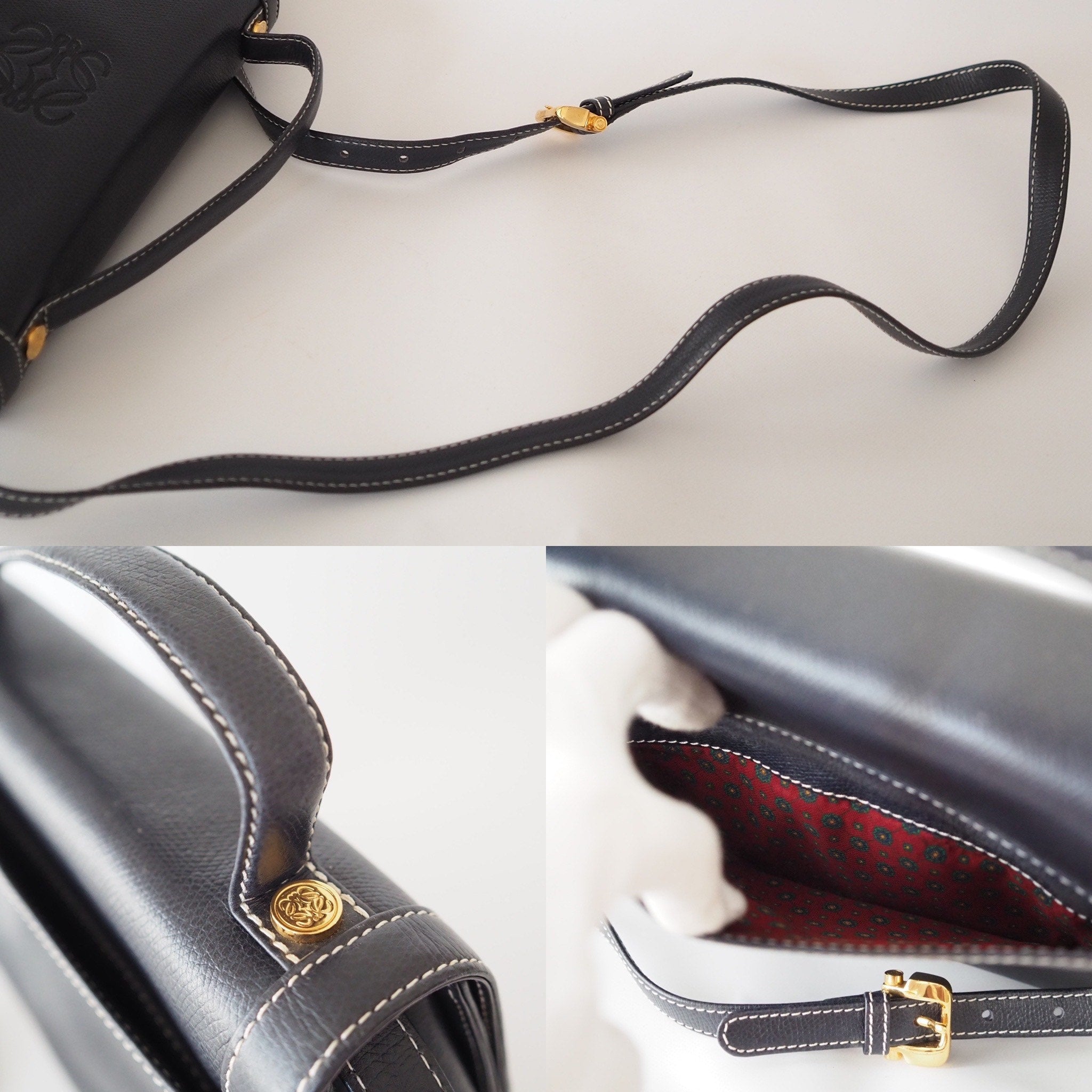 LOEWE Anagram 2way Hand Shoulder Bag Navy Leather Vintage Authentic