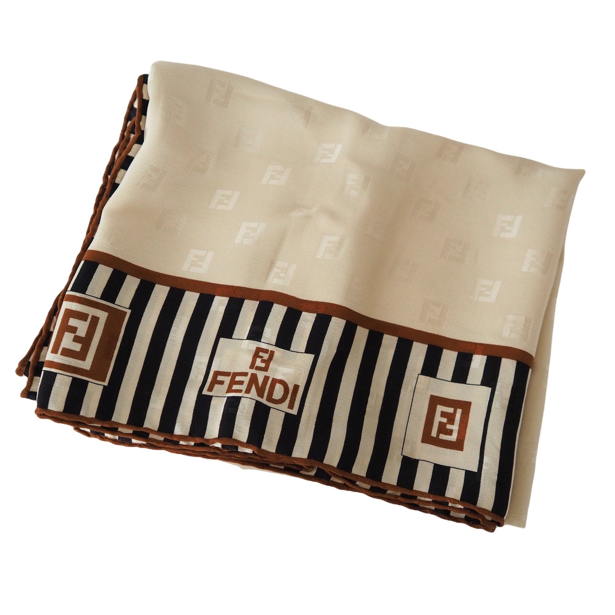 FENDI Zucca Stripe Logo Scarf Silk 100% Brown Beige Authentic