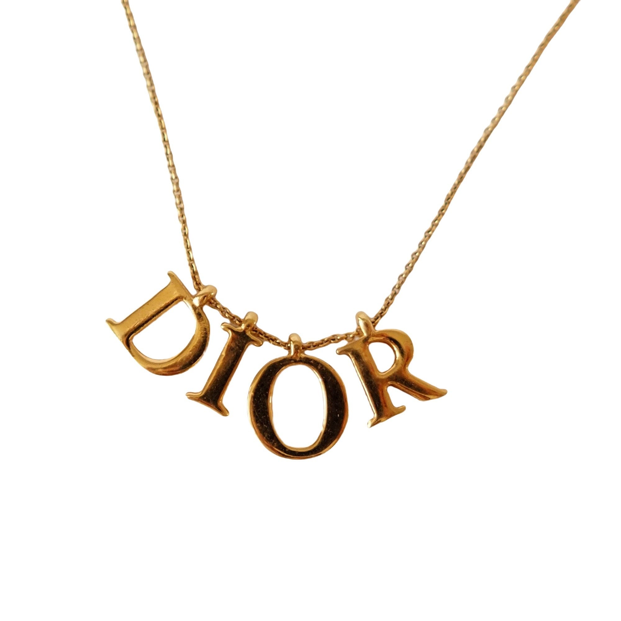 Christian Dior Necklace Logo Vintage Metal Gold Box Authentic