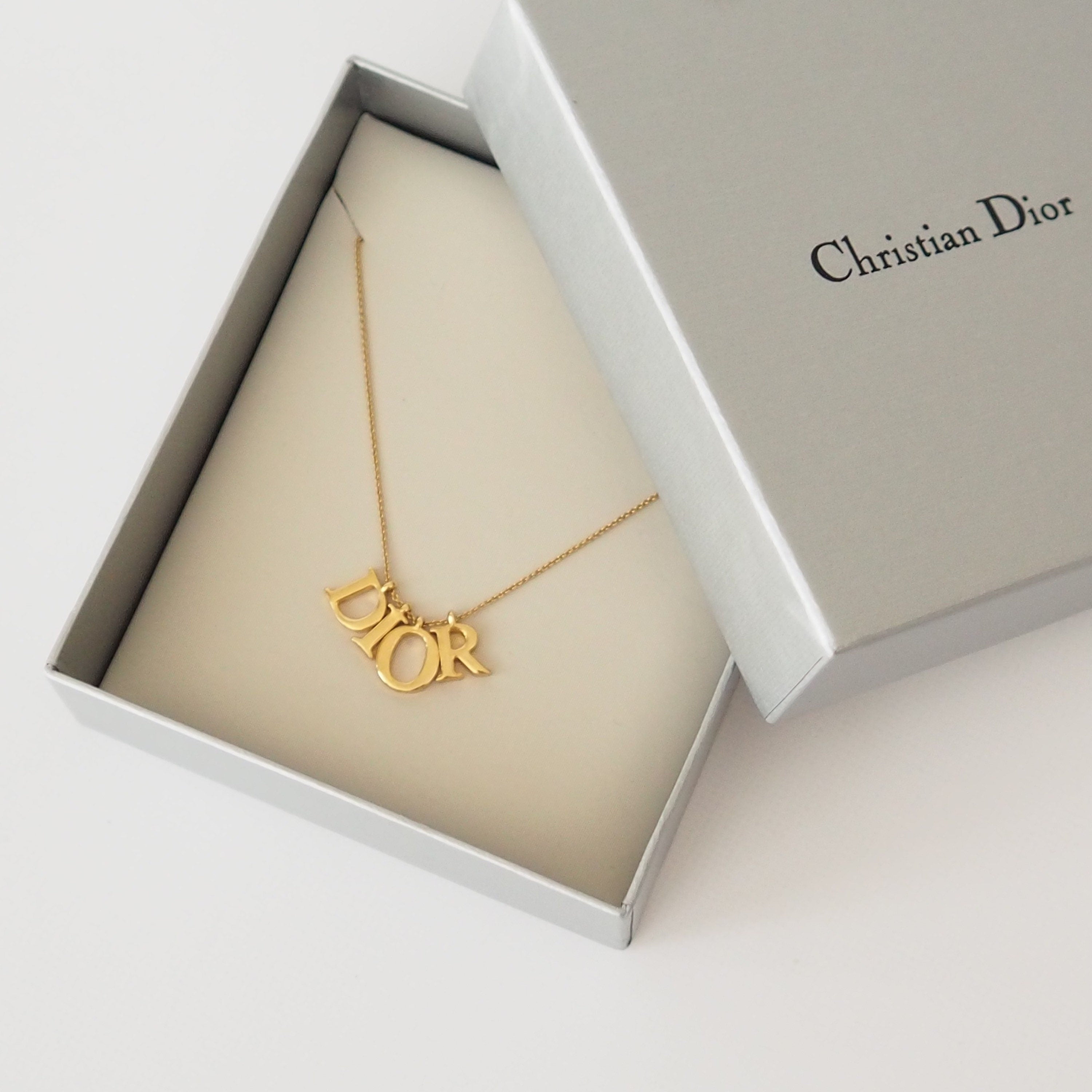 Christian Dior Necklace Logo Vintage Metal Gold Box Authentic