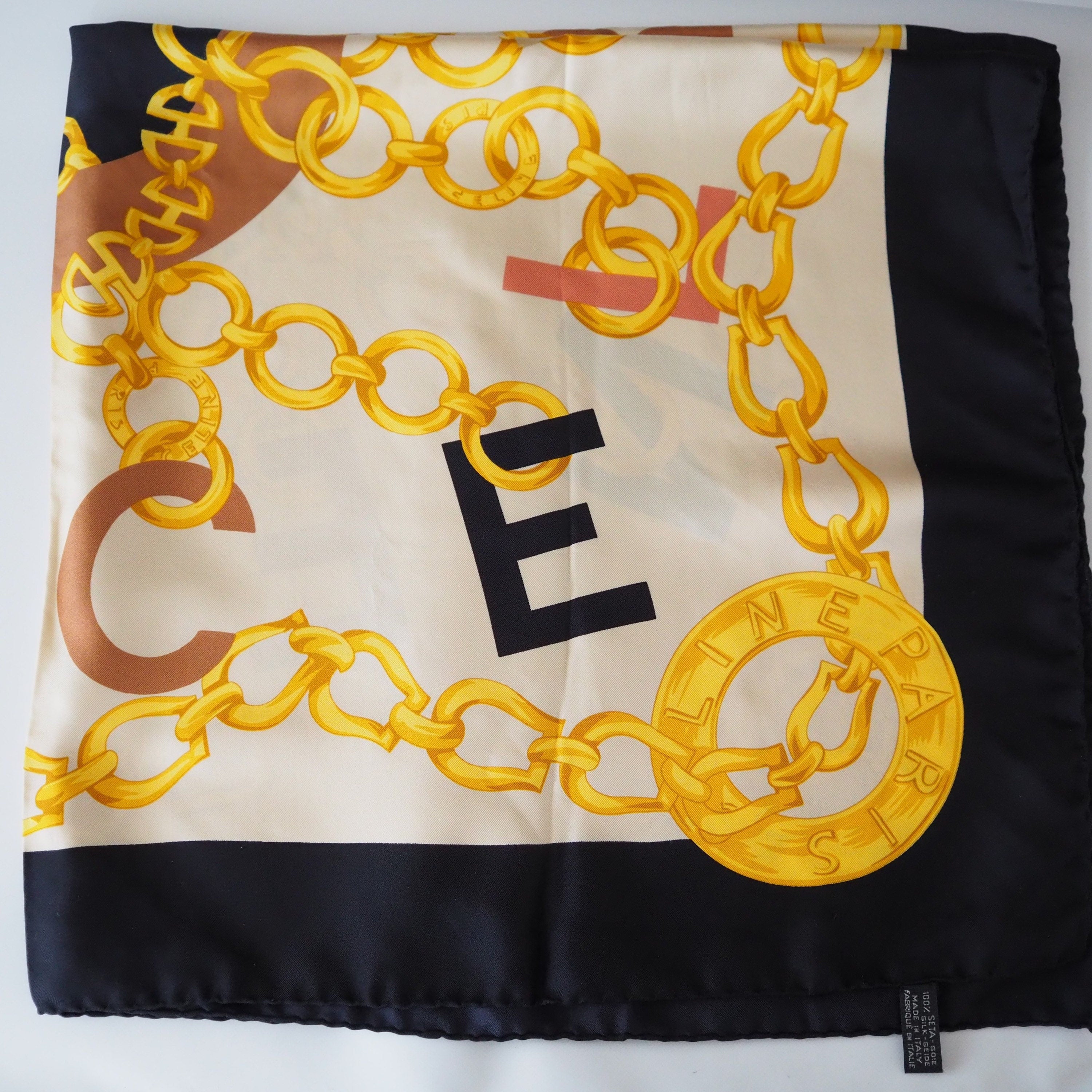 CELINE Circle Chain Logo Scarf Silk 100% Brown Authentic